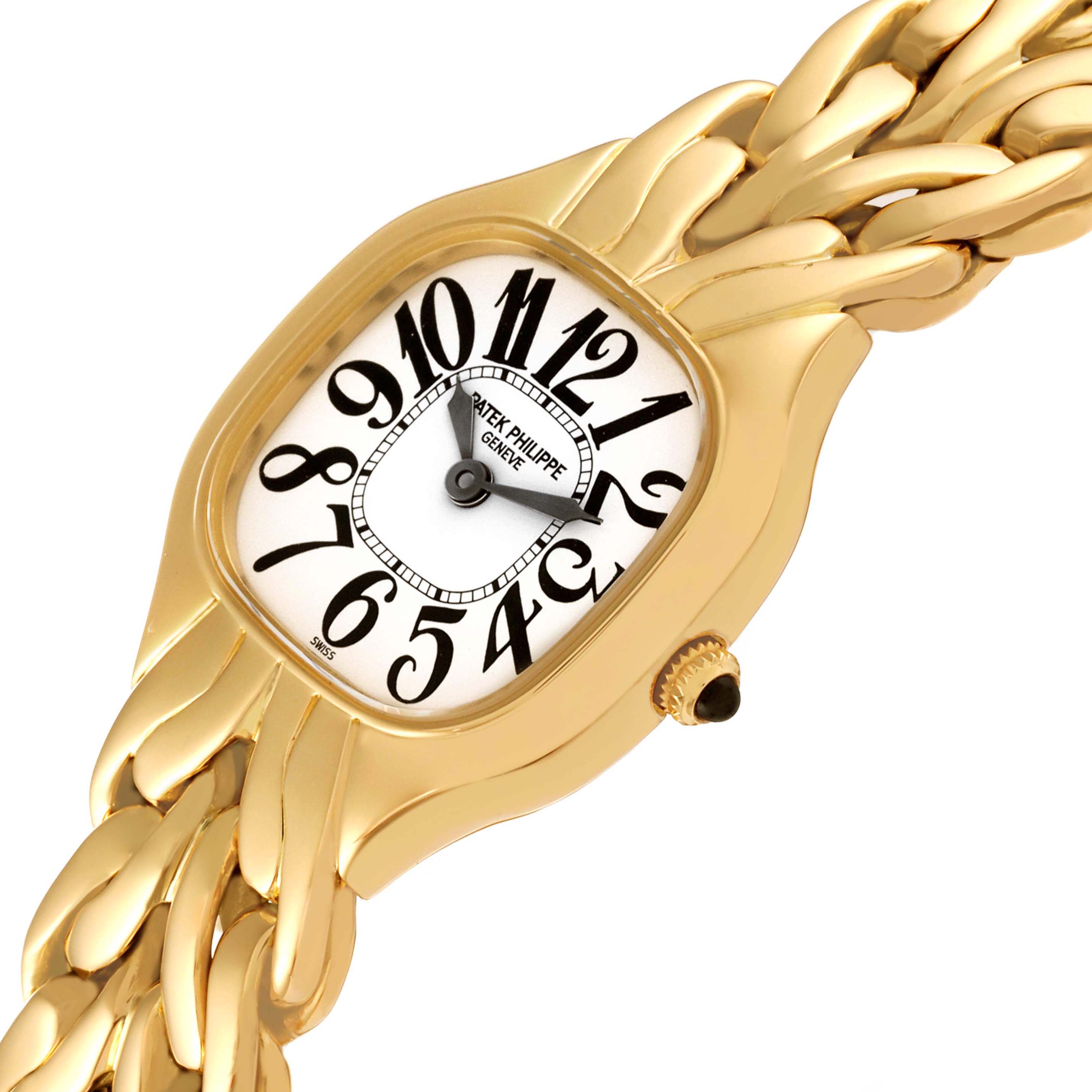 The image shows a close-up angle of the Patek Philippe La Flamme  4815/1J Women's Yellow Gold White Dial 4815/1J Women's Yellow Gold White Dialwatch, highlighting its gold case, dial, and part of the band.