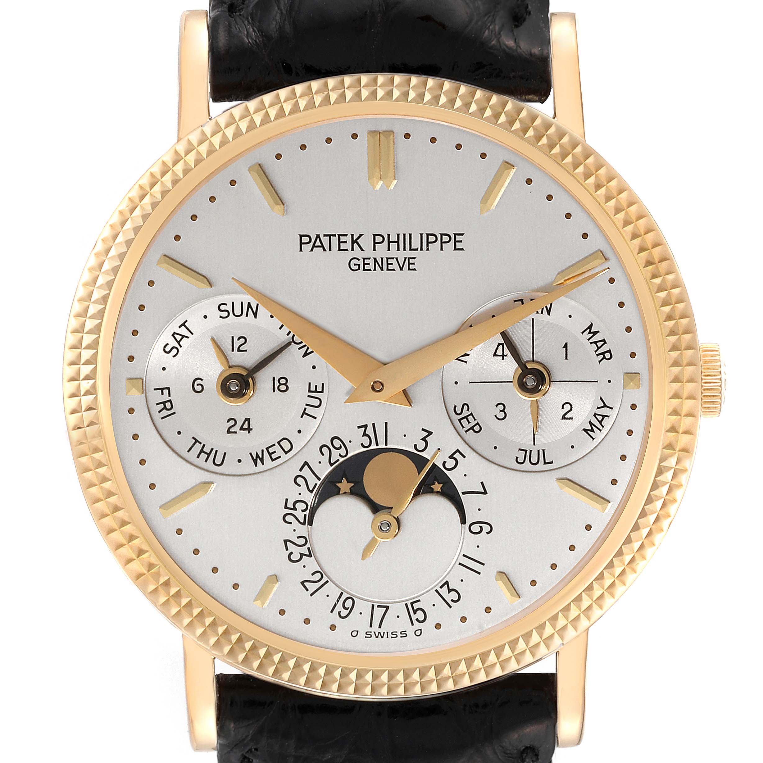 The image shows a close-up of the Patek Philippe Complications 5039J Men's Yellow Gold Silver Dial 5039J Men's Yellow Gold Silver Dial watch, displaying its gold case, dial details, and complications.