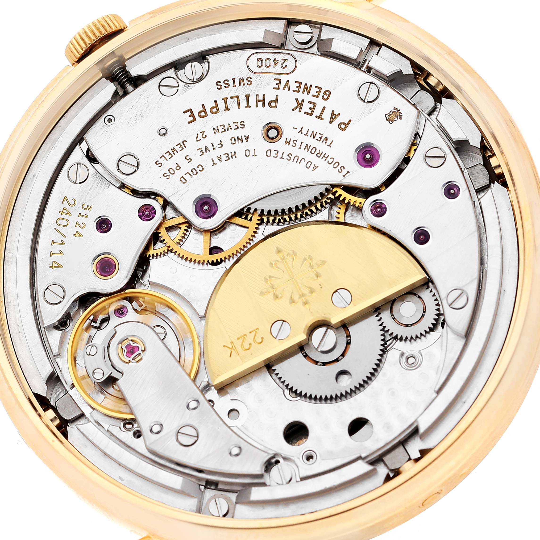 This image shows the intricate inner workings and mechanical parts of the Patek Philippe Complications 5039J Men's Yellow Gold Silver Dial 5039J Men's Yellow Gold Silver Dial model watch.