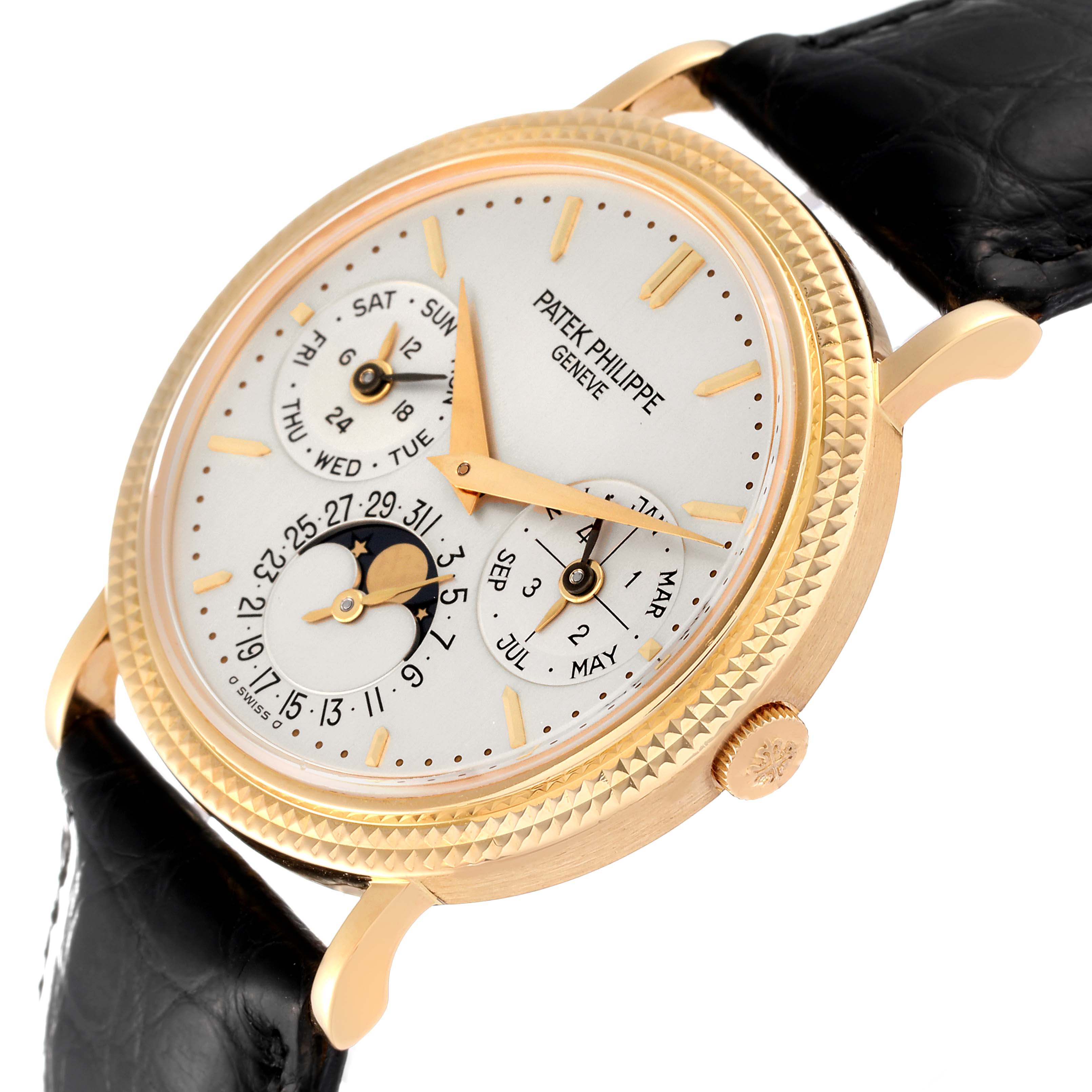 This image shows a Patek Philippe Complications 5039J Men's Yellow Gold Silver Dial 5039J Men's Yellow Gold Silver Dial watch at a close-up 3/4 angle, highlighting the face with subdials and gold case.