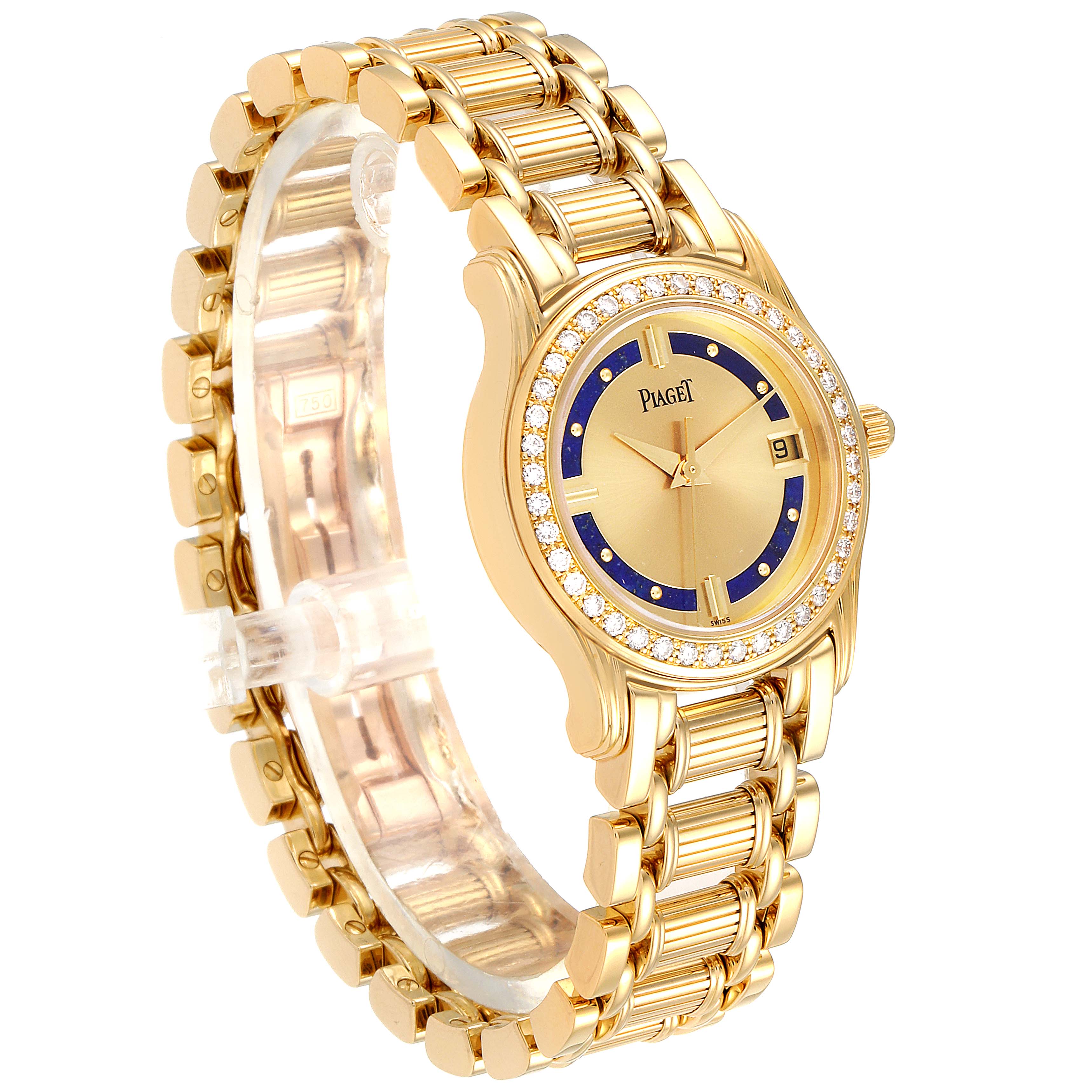 The image shows the Piaget 22005 Women's Yellow Gold Champagne Dial 22005 Women's Yellow Gold Champagne Dial Polo Yellow Gold Lapis Lazuli Dial Diamond Ladies Watch 22005 angled to display the dial, bezel, and bracelet.