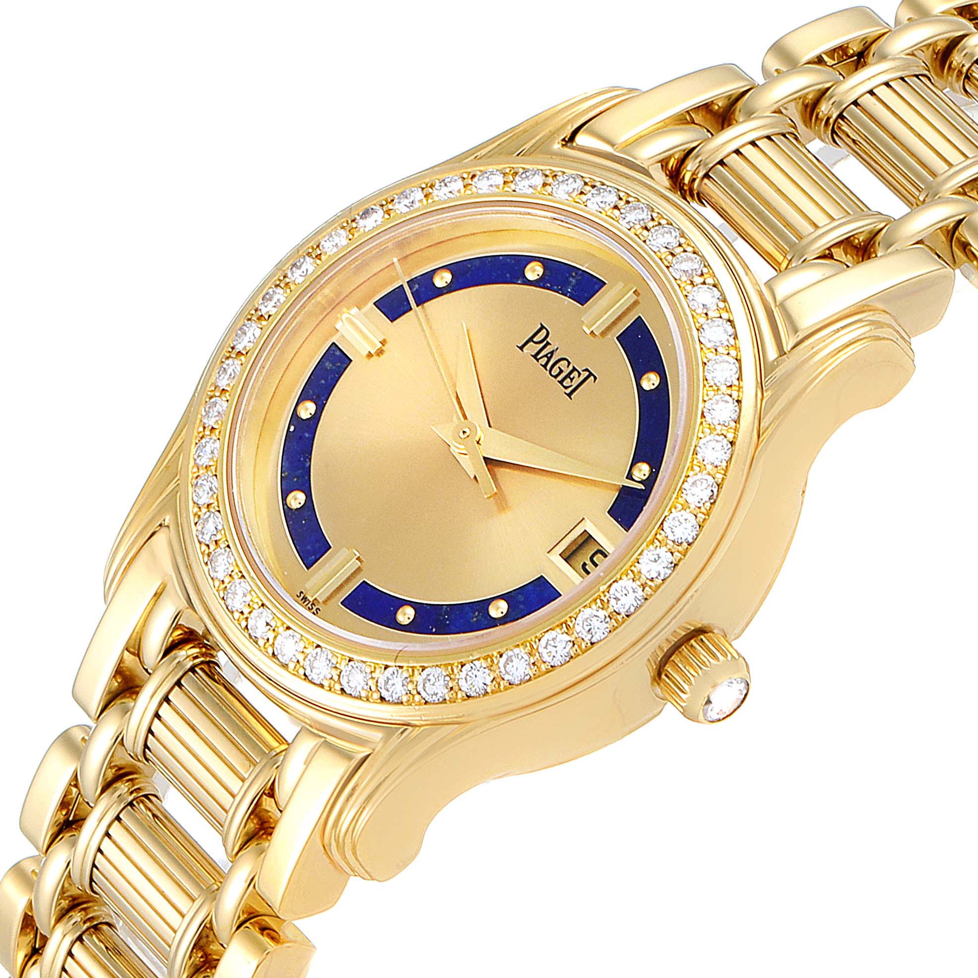 The image shows the face and part of the bracelet of the Piaget 22005 Women's Yellow Gold Champagne Dial 22005 Women's Yellow Gold Champagne Dial Polo Yellow Gold Lapis Lazuli Dial Diamond Ladies Watch 22005.