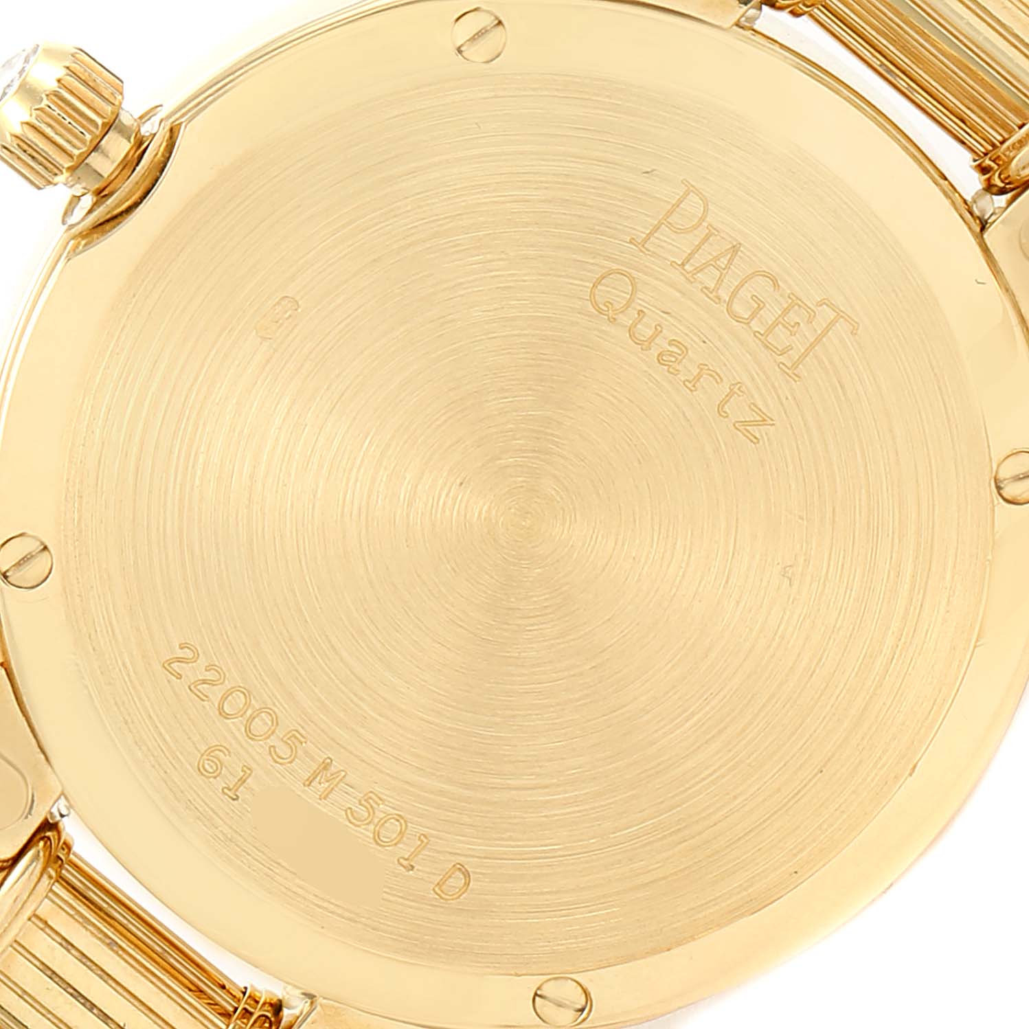 This image shows the back case and crown of the Piaget 22005 Women's Yellow Gold Champagne Dial 22005 Women's Yellow Gold Champagne Dial Polo Yellow Gold Lapis Lazuli Dial Diamond Ladies Watch, model 22005.