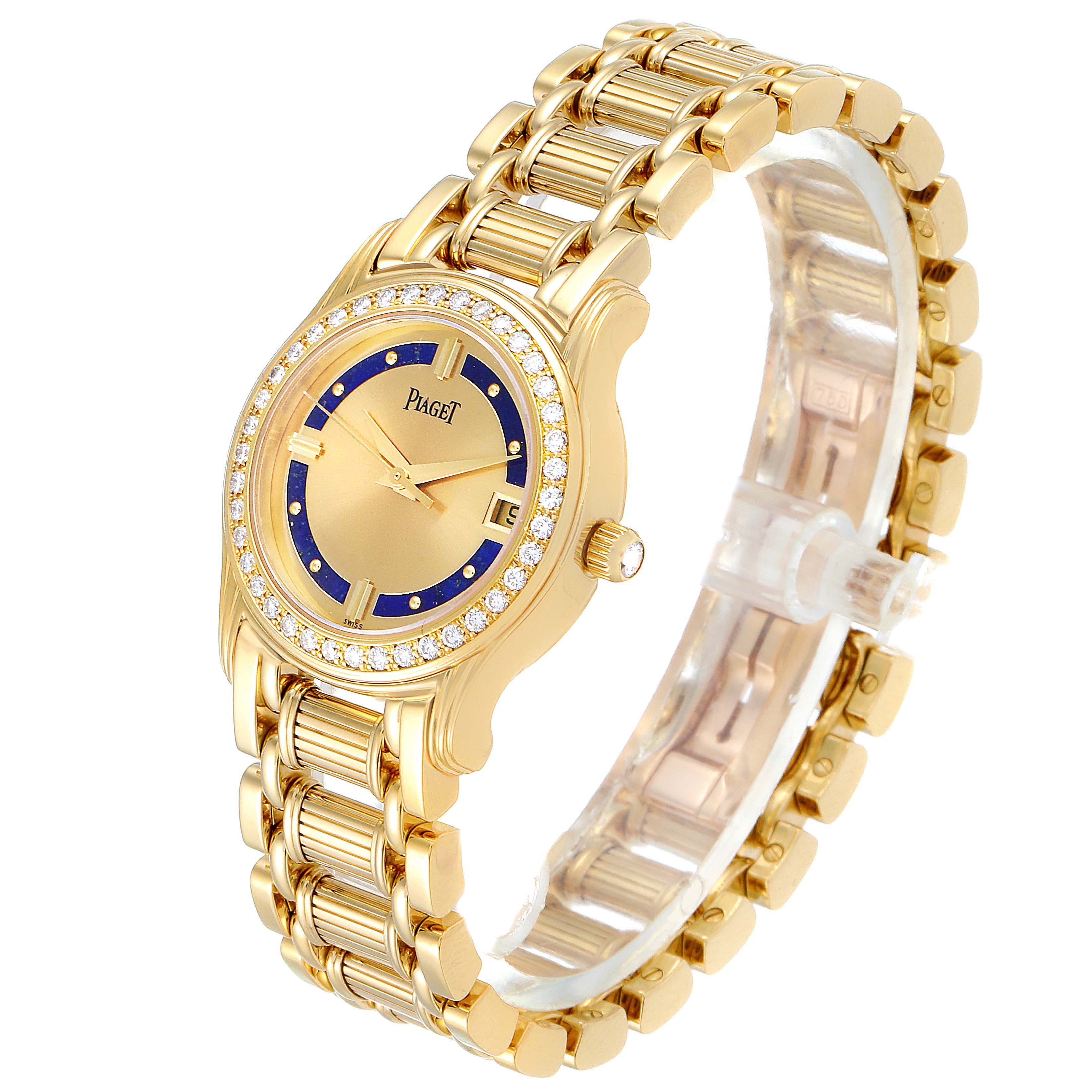 The image shows a side angle of the Piaget 22005 Women's Yellow Gold Champagne Dial 22005 Women's Yellow Gold Champagne Dial Polo Yellow Gold Lapis Lazuli Dial Diamond Ladies Watch 22005, highlighting the bracelet and dial.