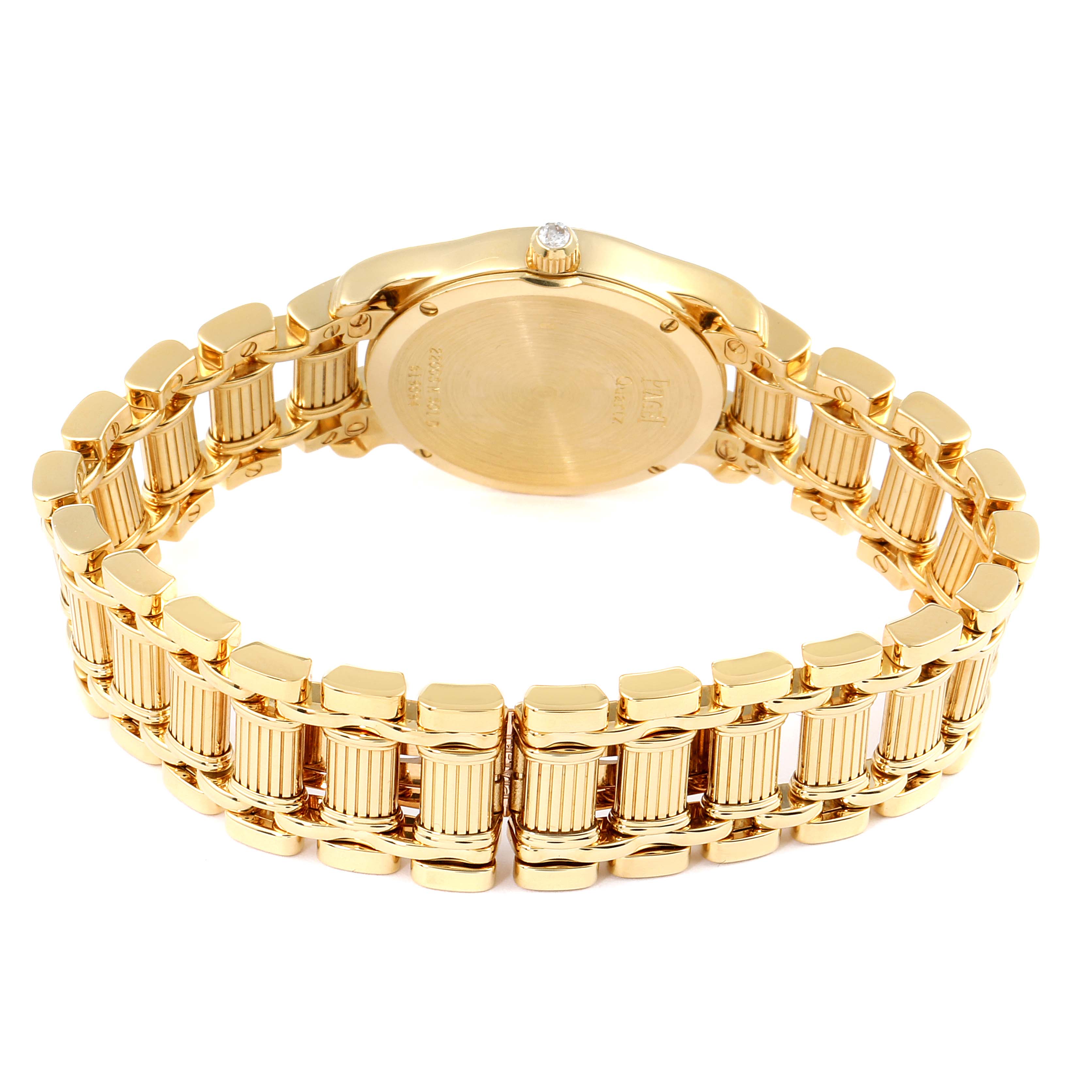 The watch shows the back view of the Piaget 22005 Women's Yellow Gold Champagne Dial 22005 Women's Yellow Gold Champagne Dial Polo Yellow Gold Lapis Lazuli Dial Diamond Ladies Watch 22005 model.