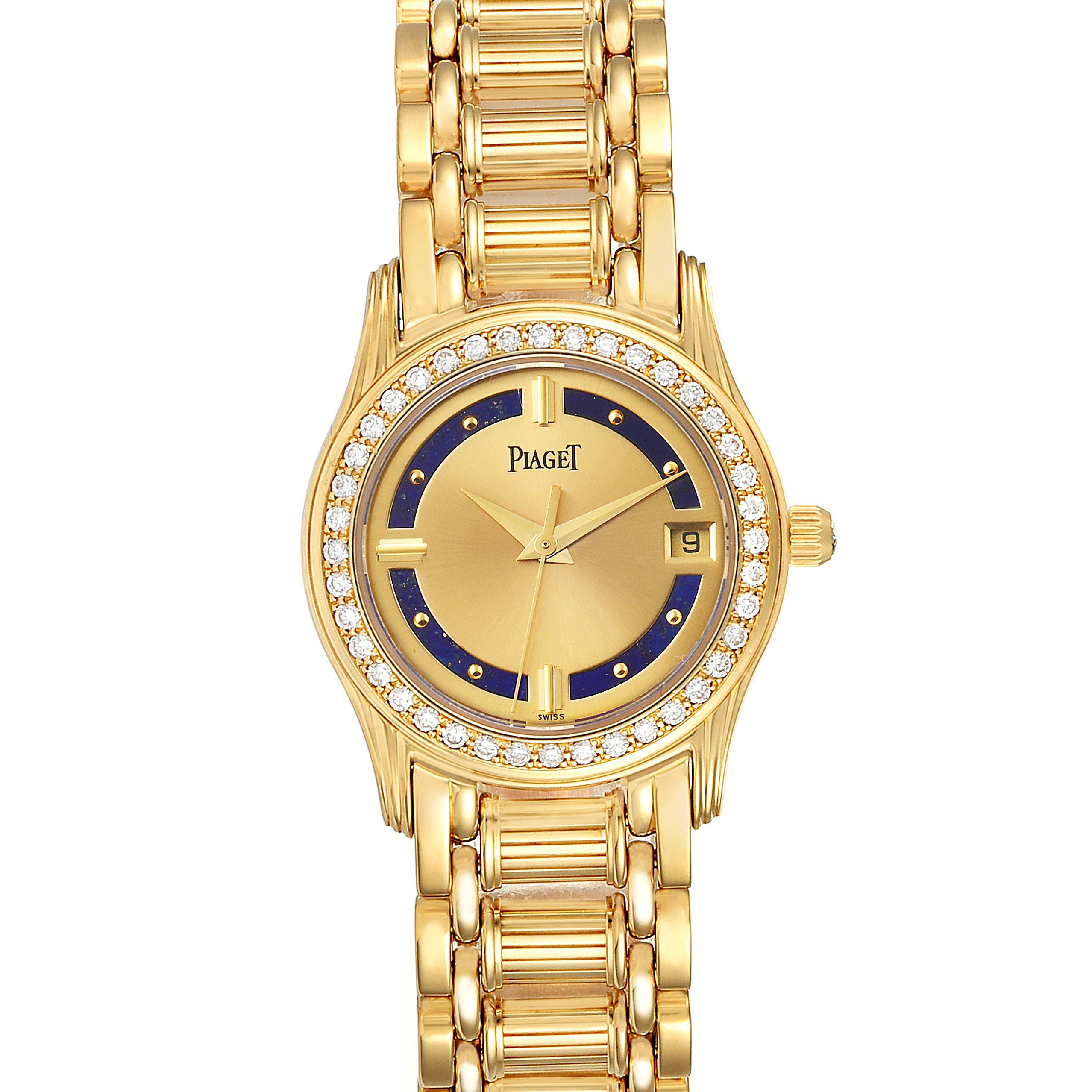 The Piaget 22005 Women's Yellow Gold Champagne Dial 22005 Women's Yellow Gold Champagne Dial Polo Yellow Gold Lapis Lazuli Dial Diamond Ladies Watch model 22005 is shown from a top view, highlighting its face and band.