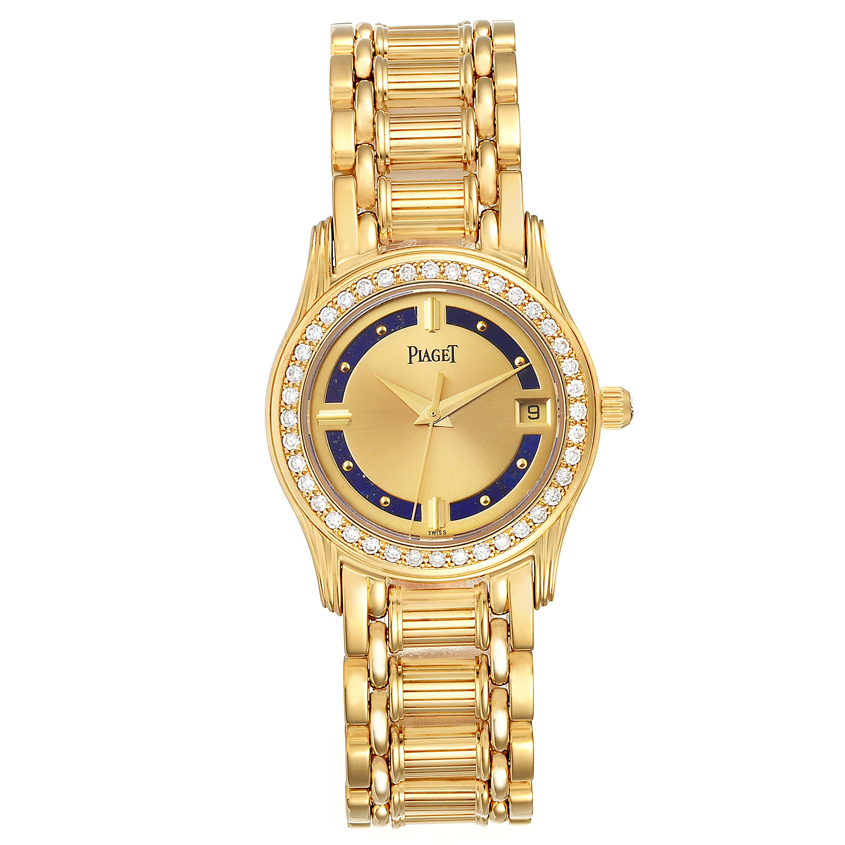 The image shows a front view of the Piaget 22005 Women's Yellow Gold Champagne Dial 22005 Women's Yellow Gold Champagne Dial Polo Yellow Gold Lapis Lazuli Dial Diamond Ladies Watch 22005.