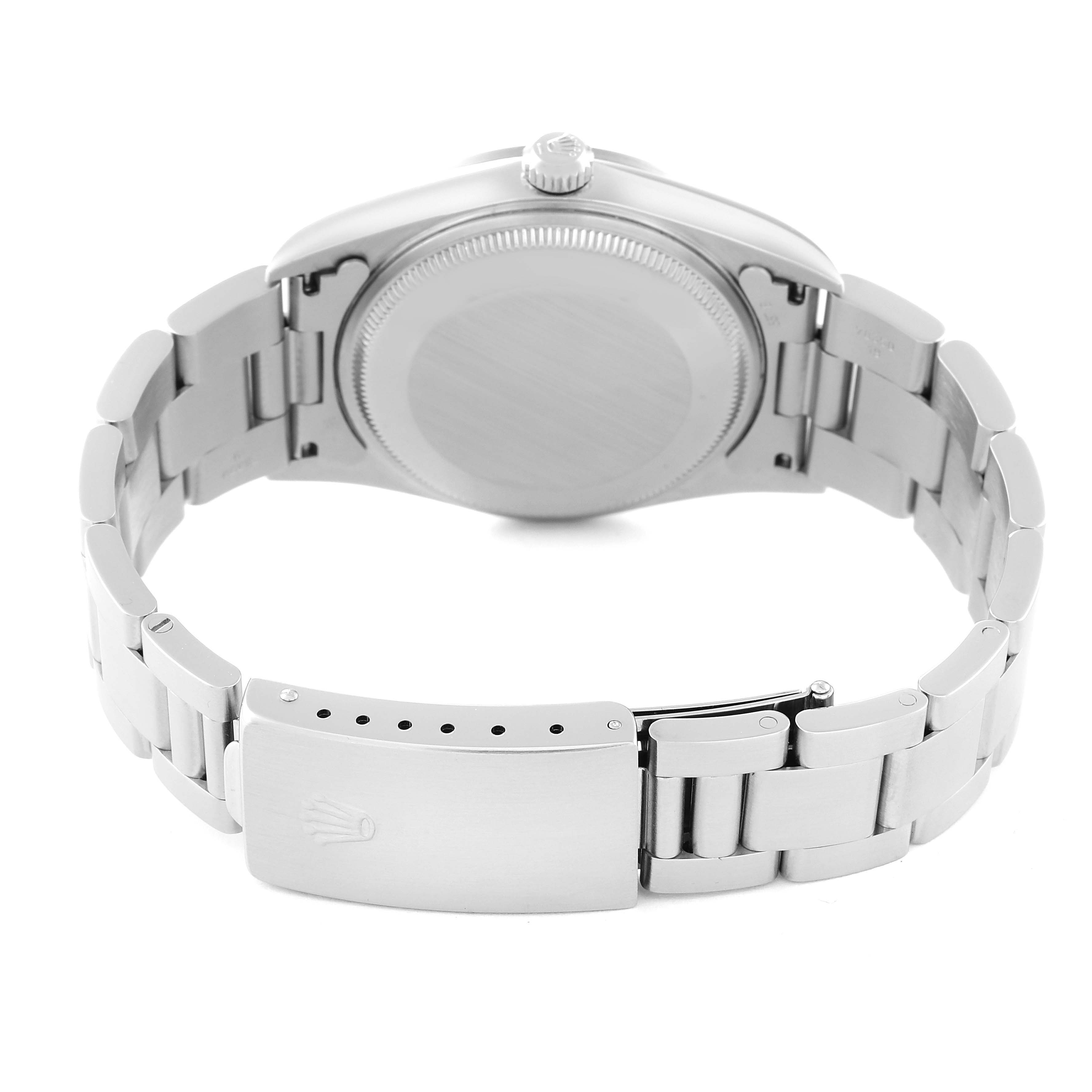 The image shows the back side of a Rolex Air-King 14000M Men's Stainless Steel Blue Dial 14000M Men's Stainless Steel Blue Dial watch, highlighting the case back and metal bracelet with a clasp.