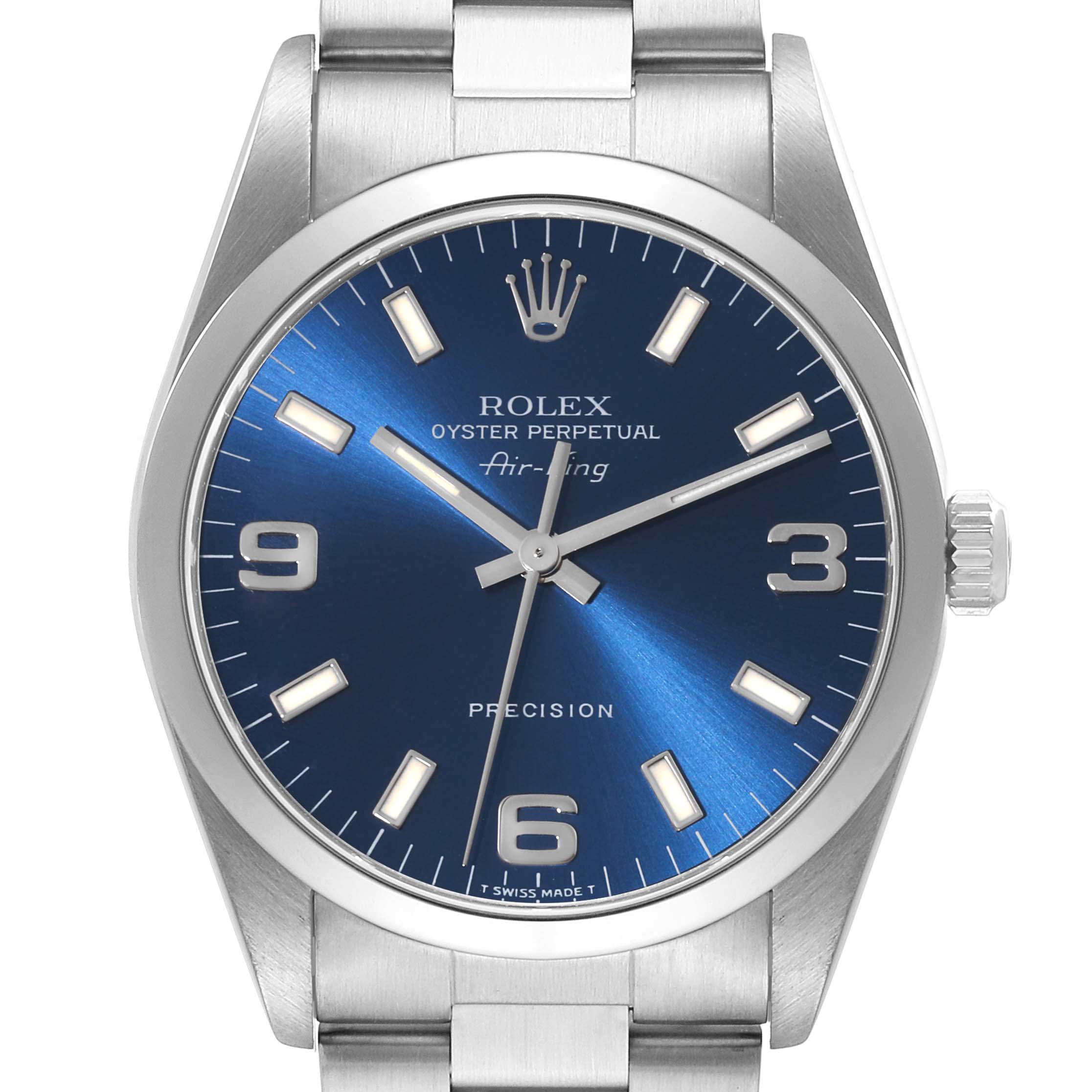 The image shows a front view of a Rolex Air-King 14000M Men's Stainless Steel Blue Dial 14000M Men's Stainless Steel Blue Dial watch, highlighting its blue dial, stainless steel case, and bracelet.