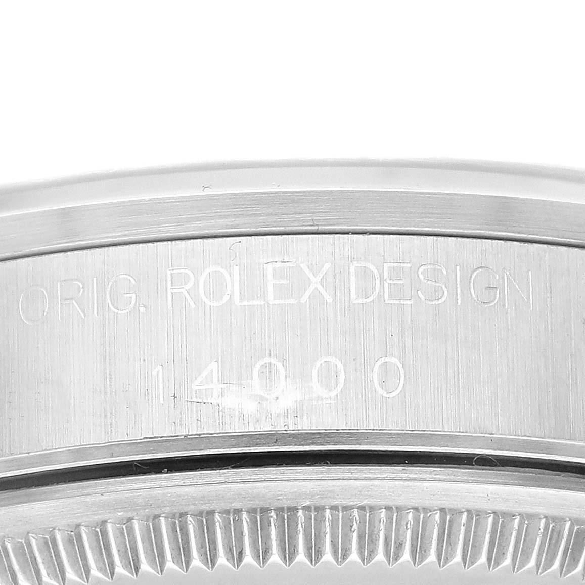 This image shows a close-up of the side of a Rolex Air-King 14000M Men's Stainless Steel Blue Dial 14000M Men's Stainless Steel Blue Dial watch, featuring the model number and "Rolex Design" engraving.