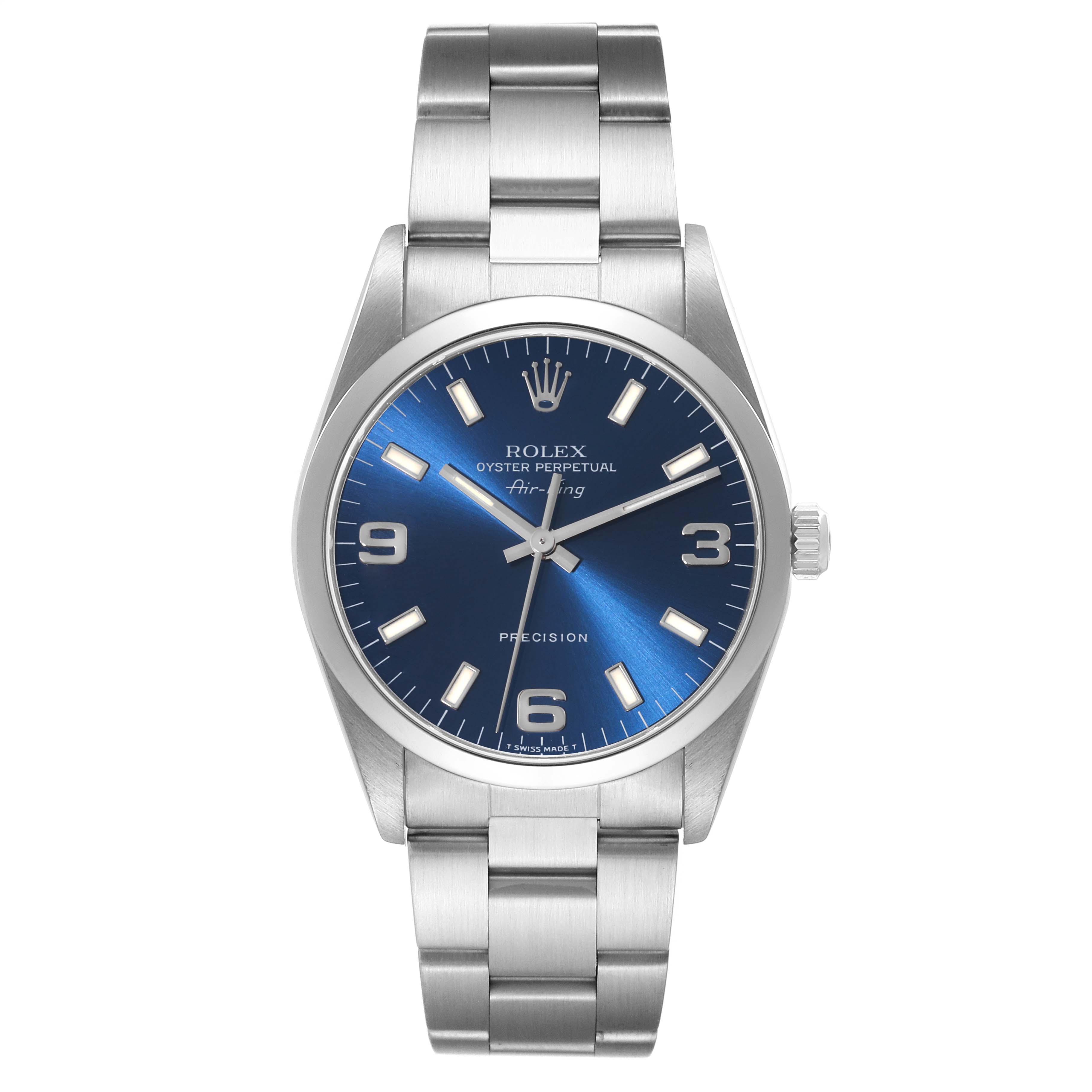 The Rolex Air-King 14000M Men's Stainless Steel Blue Dial 14000M Men's Stainless Steel Blue Dial watch is shown from a front angle, displaying its dial, bezel, and bracelet.