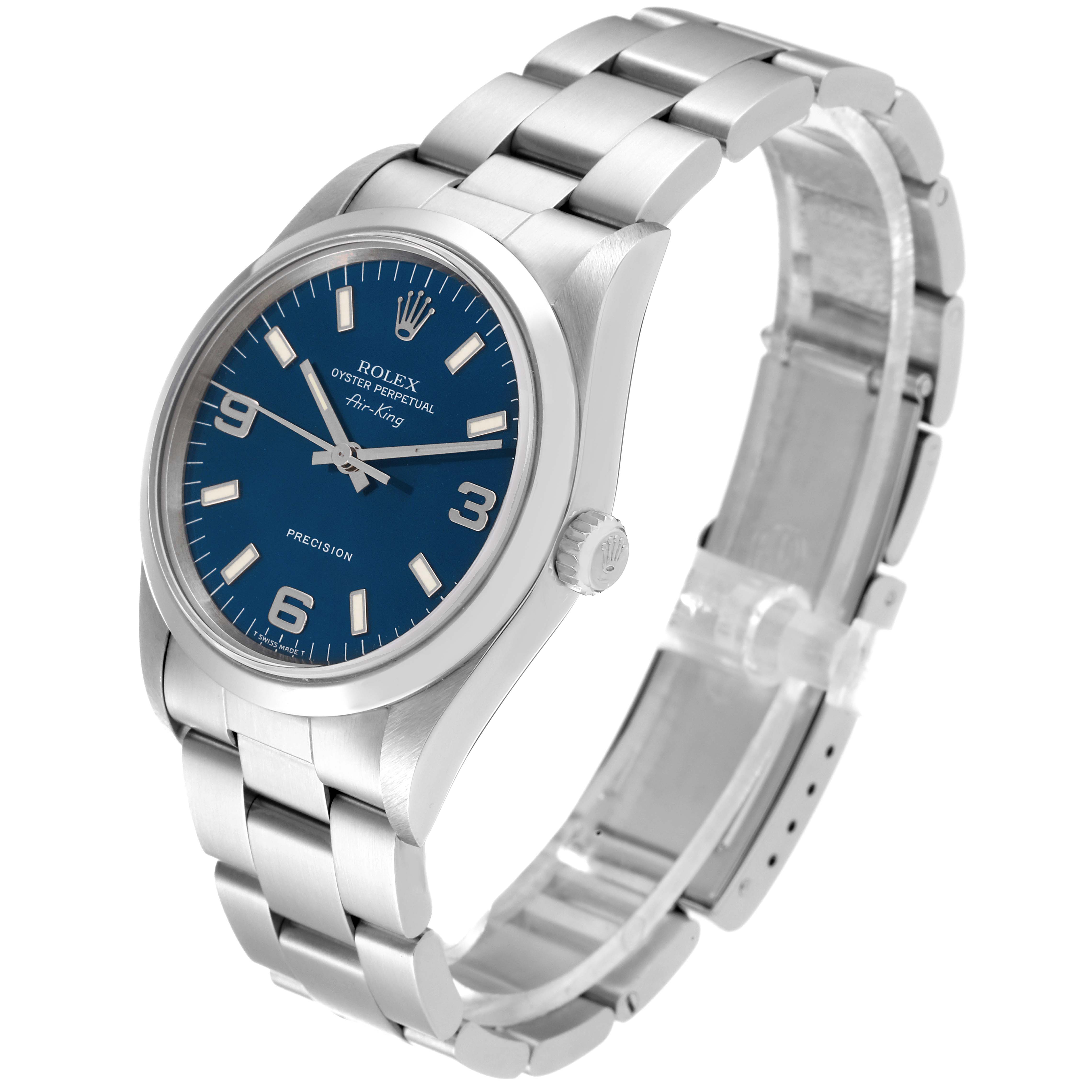 The Rolex Air-King 14000M Men's Stainless Steel Blue Dial 14000M Men's Stainless Steel Blue Dial watch is shown at an angle displaying the face, crown, and part of the bracelet.