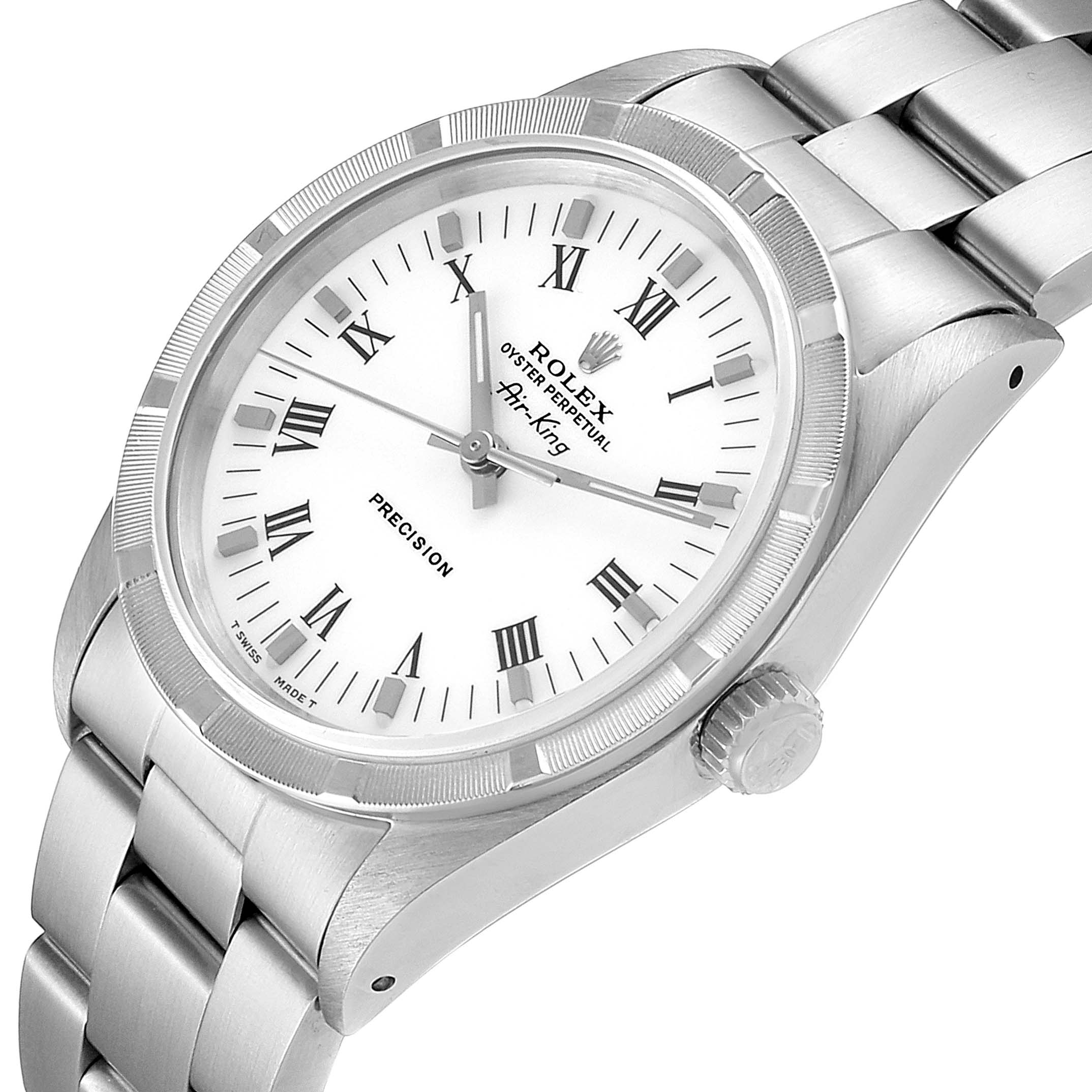 The image shows a Rolex Air-King 14010 Men's Stainless Steel White Dial 14010 Men's Stainless Steel White Dial watch with a white dial and Roman numerals, displayed from an angled top view.