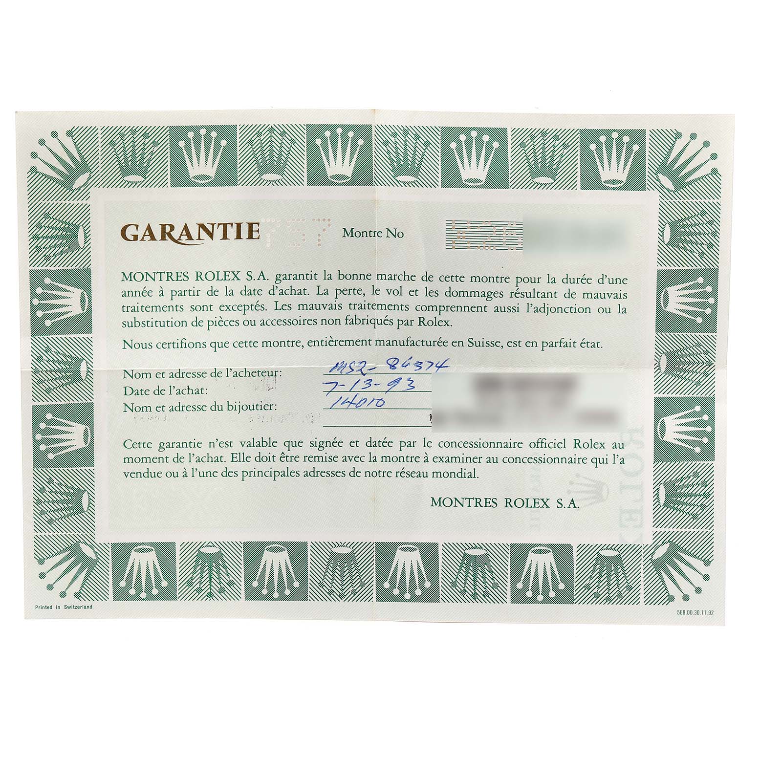 The image shows the warranty certificate for the Rolex Air-King 14010 Men's Stainless Steel White Dial 14010 Men's Stainless Steel White Dial watch, detailing buyer information and purchase date.