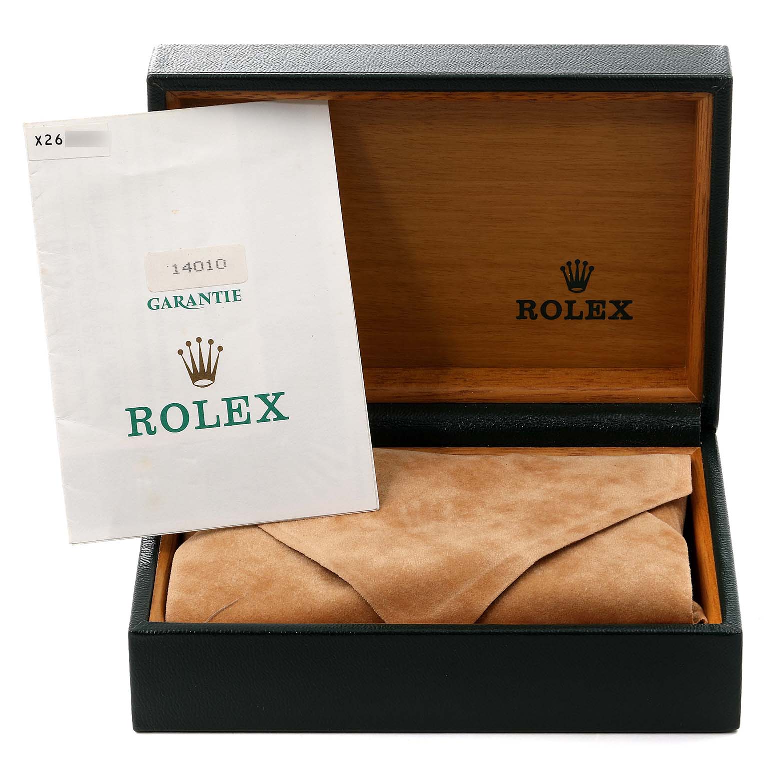 The image shows a Rolex Air-King 14010 Men's Stainless Steel White Dial 14010 Men's Stainless Steel White Dial watch box with a guarantee booklet, viewed from the front.