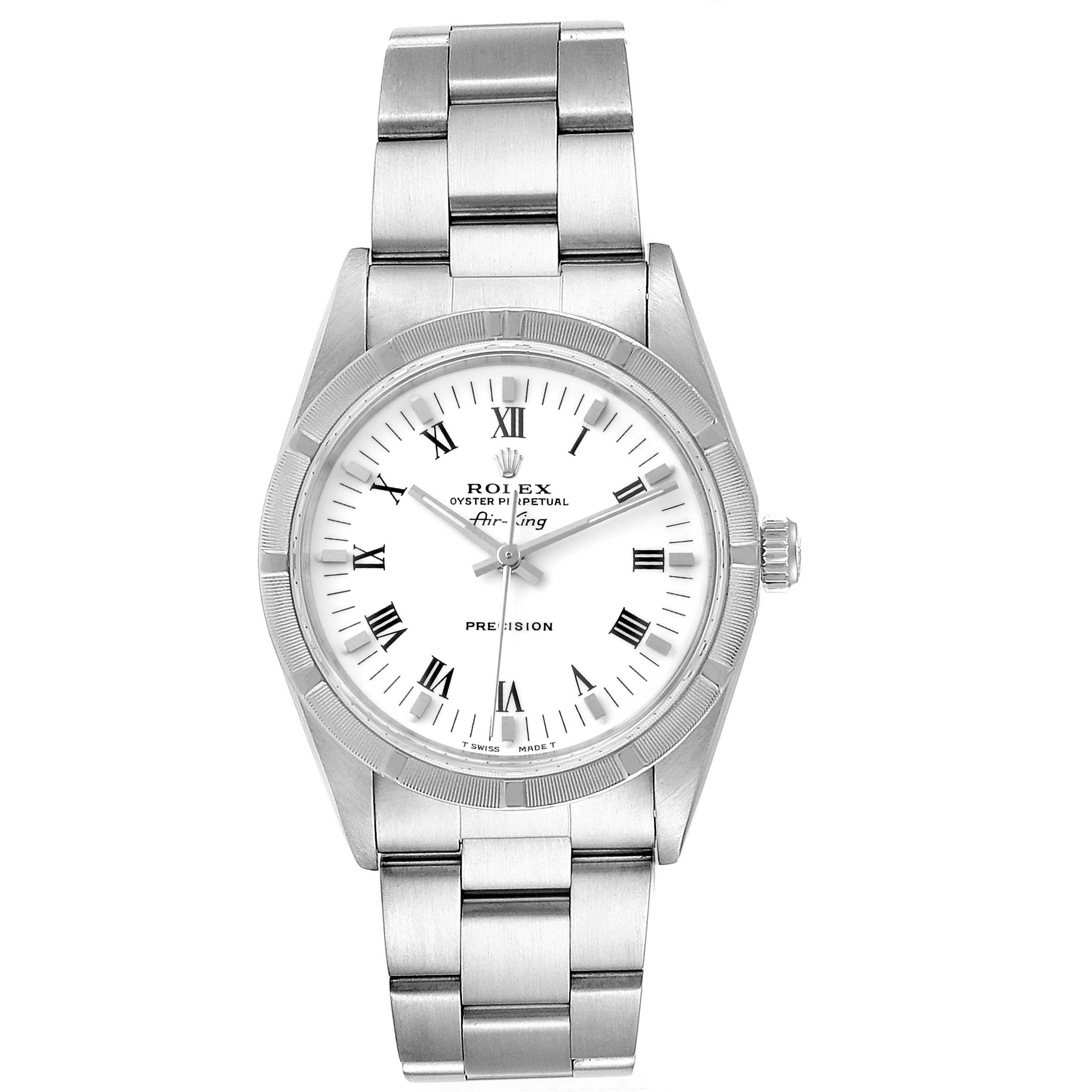 The image shows a frontal view of a Rolex Air-King 14010 Men's Stainless Steel White Dial 14010 Men's Stainless Steel White Dial watch, displaying the dial, bezel, crown, and bracelet.
