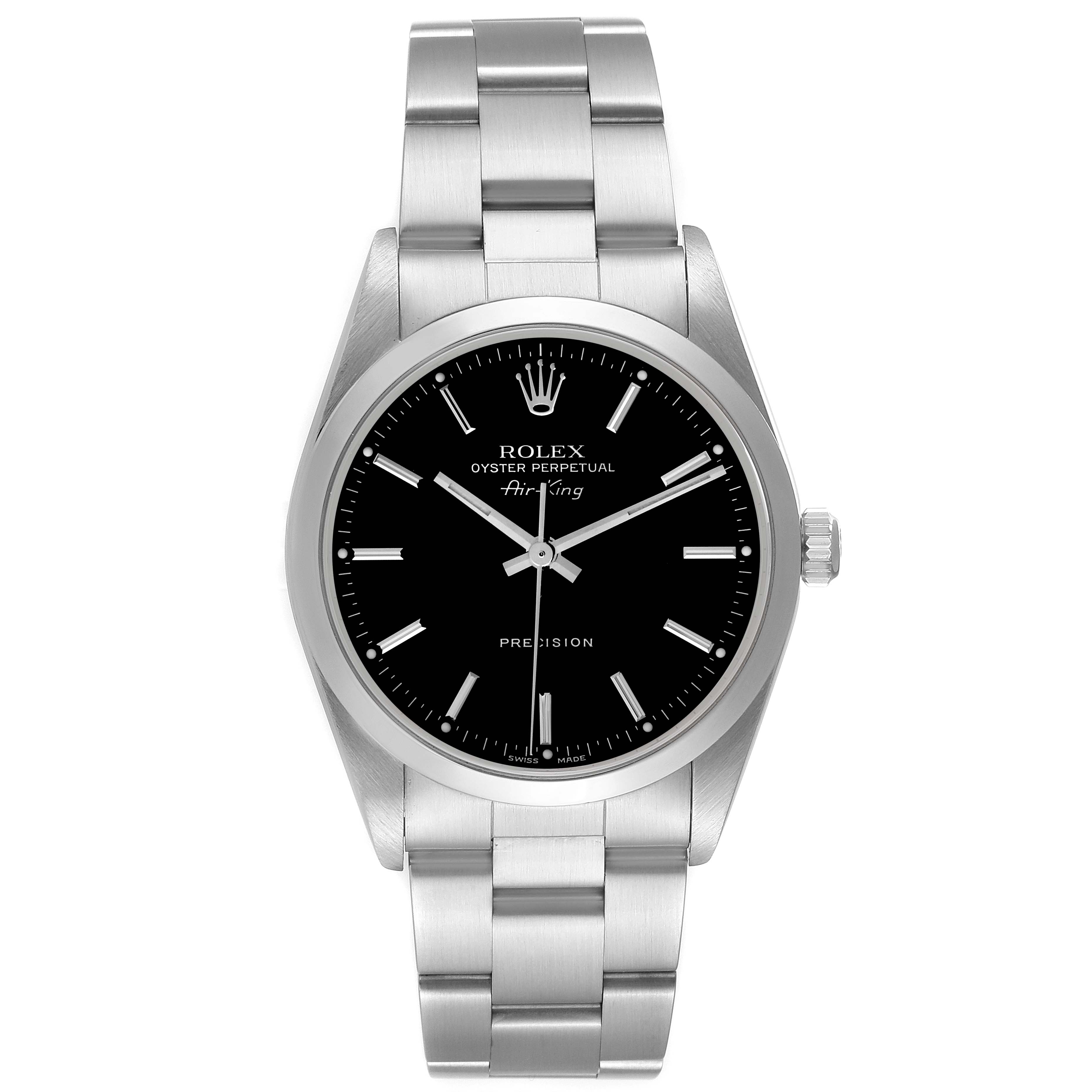 The Rolex Air-King 14000M Men's Stainless Steel Black Dial 14000M Men's Stainless Steel Black Dial watch is shown from a frontal angle, displaying the face, bezel, crown, and bracelet.