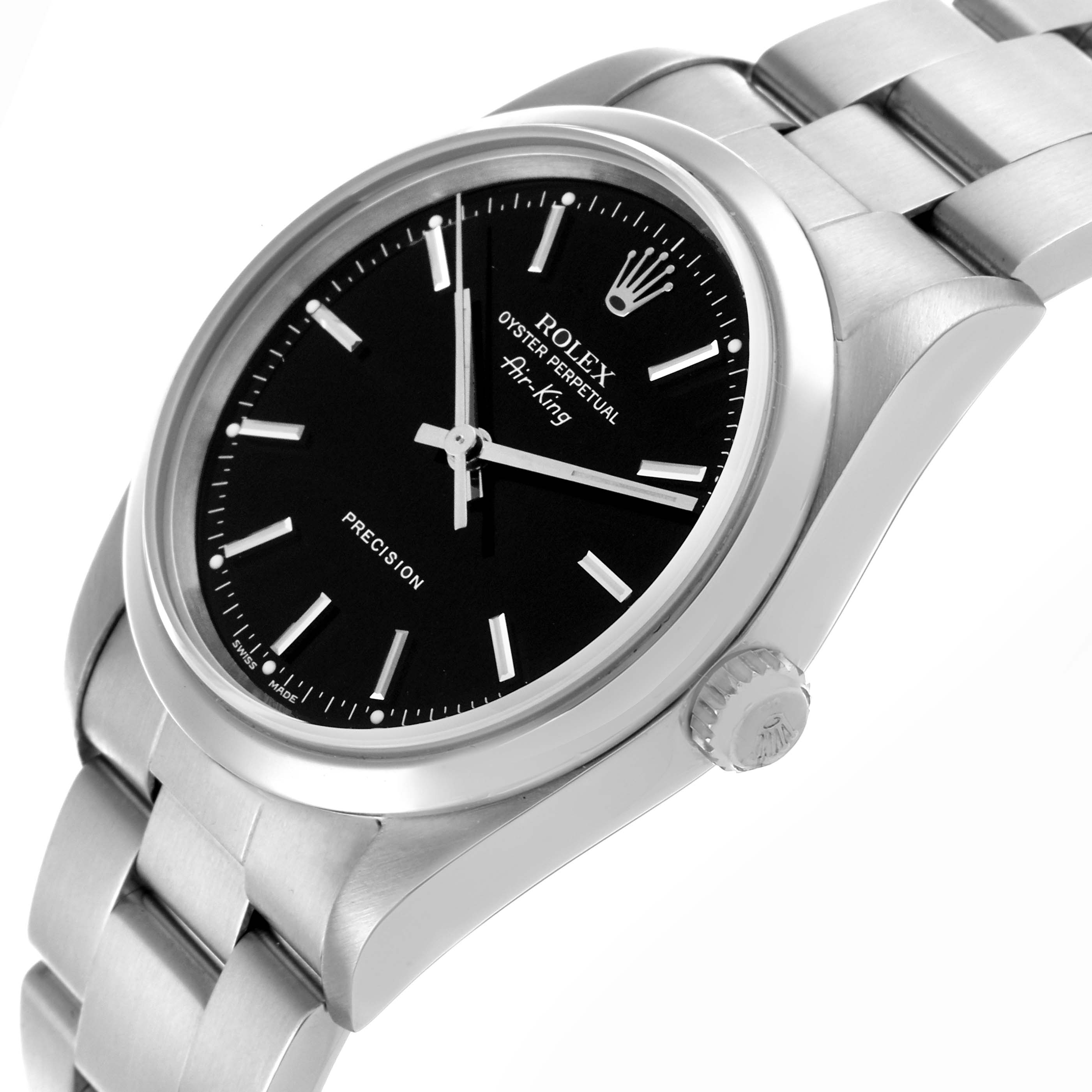 The Rolex Air-King 14000M Men's Stainless Steel Black Dial 14000M Men's Stainless Steel Black Dial watch is shown at a slight angle, displaying the face, crown, and part of the bracelet.