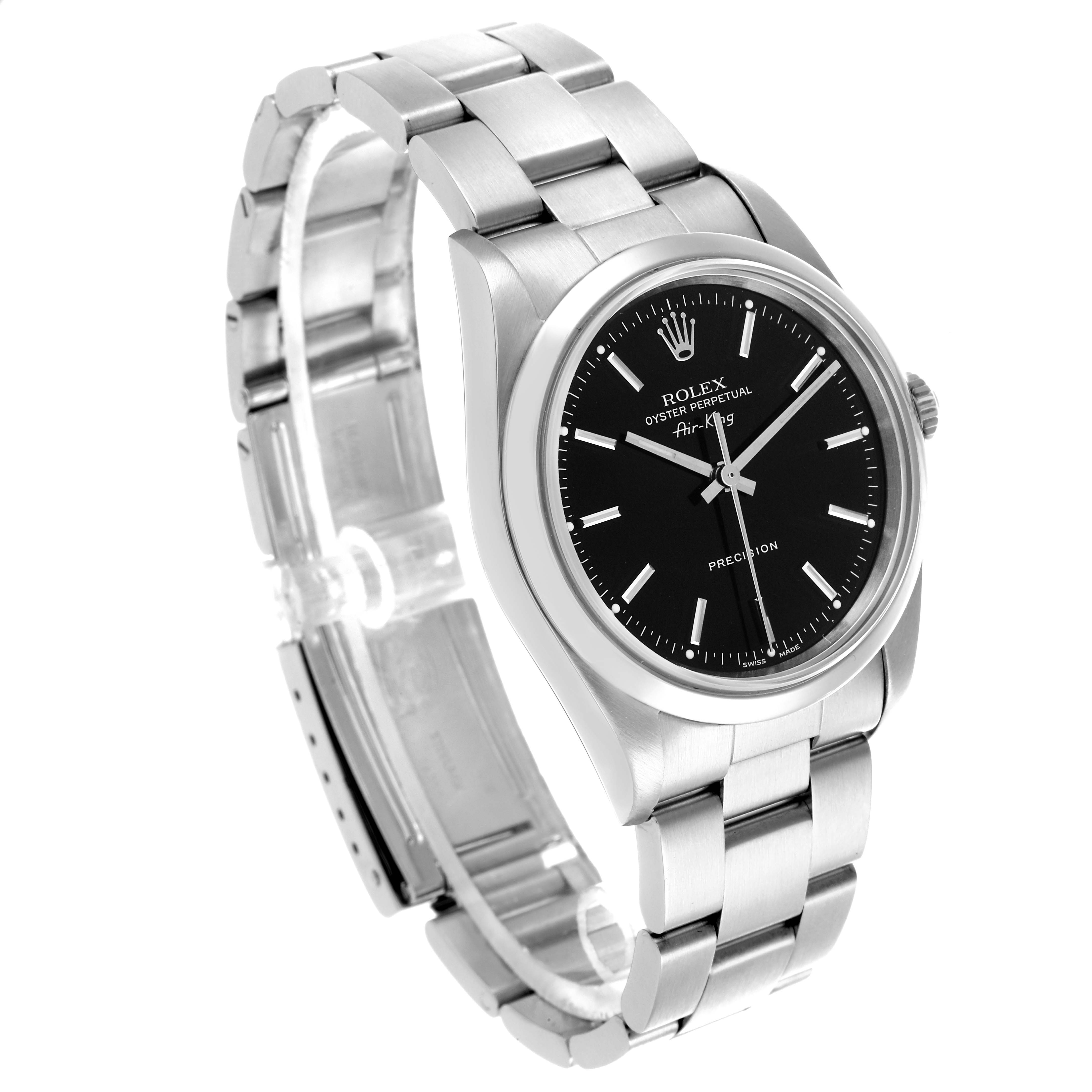 The Rolex Air-King 14000M Men's Stainless Steel Black Dial 14000M Men's Stainless Steel Black Dial watch is shown at a three-quarter angle, highlighting the dial, bezel, and bracelet.