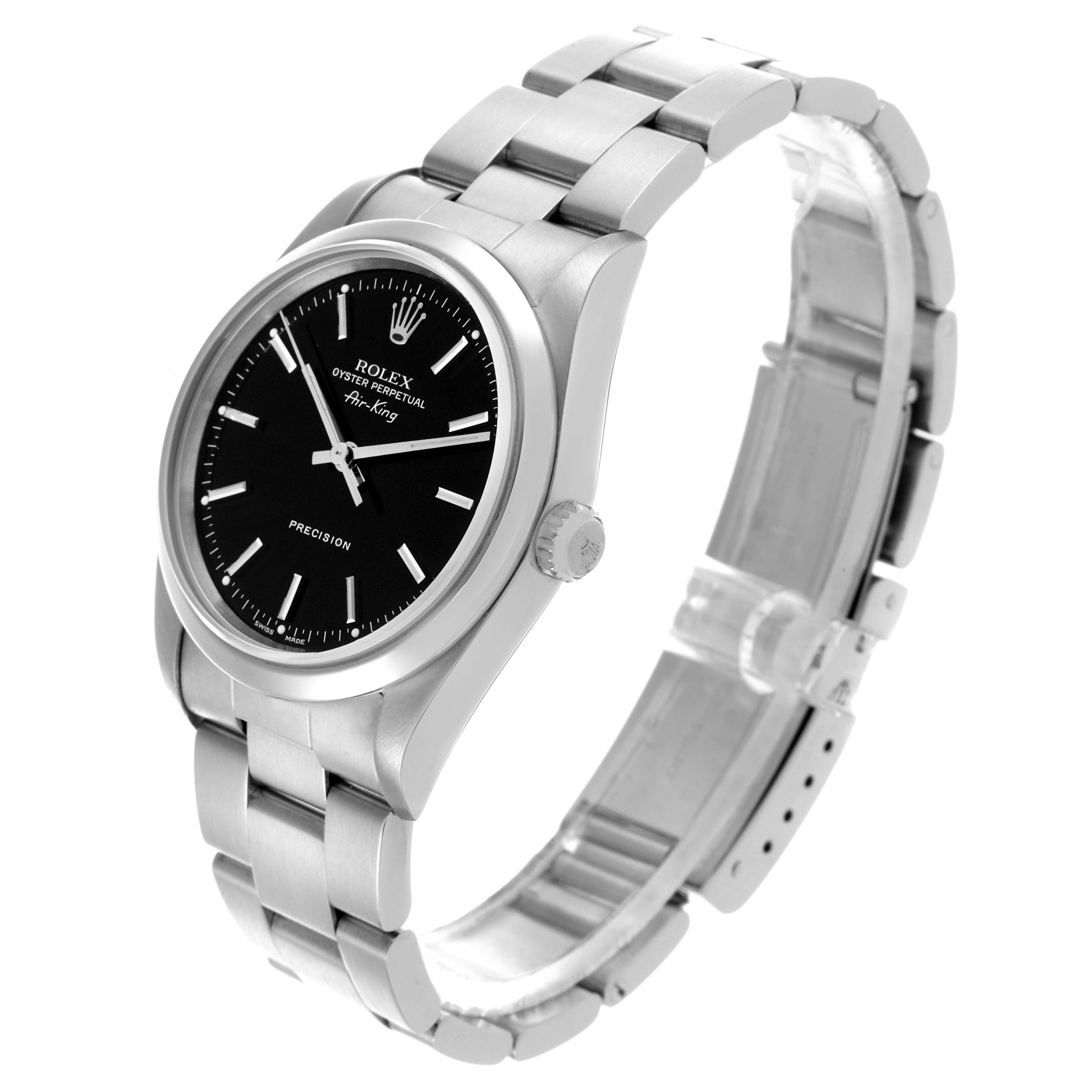 The Rolex Air-King 14000M Men's Stainless Steel Black Dial 14000M Men's Stainless Steel Black Dial is shown at a three-quarter angle, displaying the dial, bracelet, and crown.