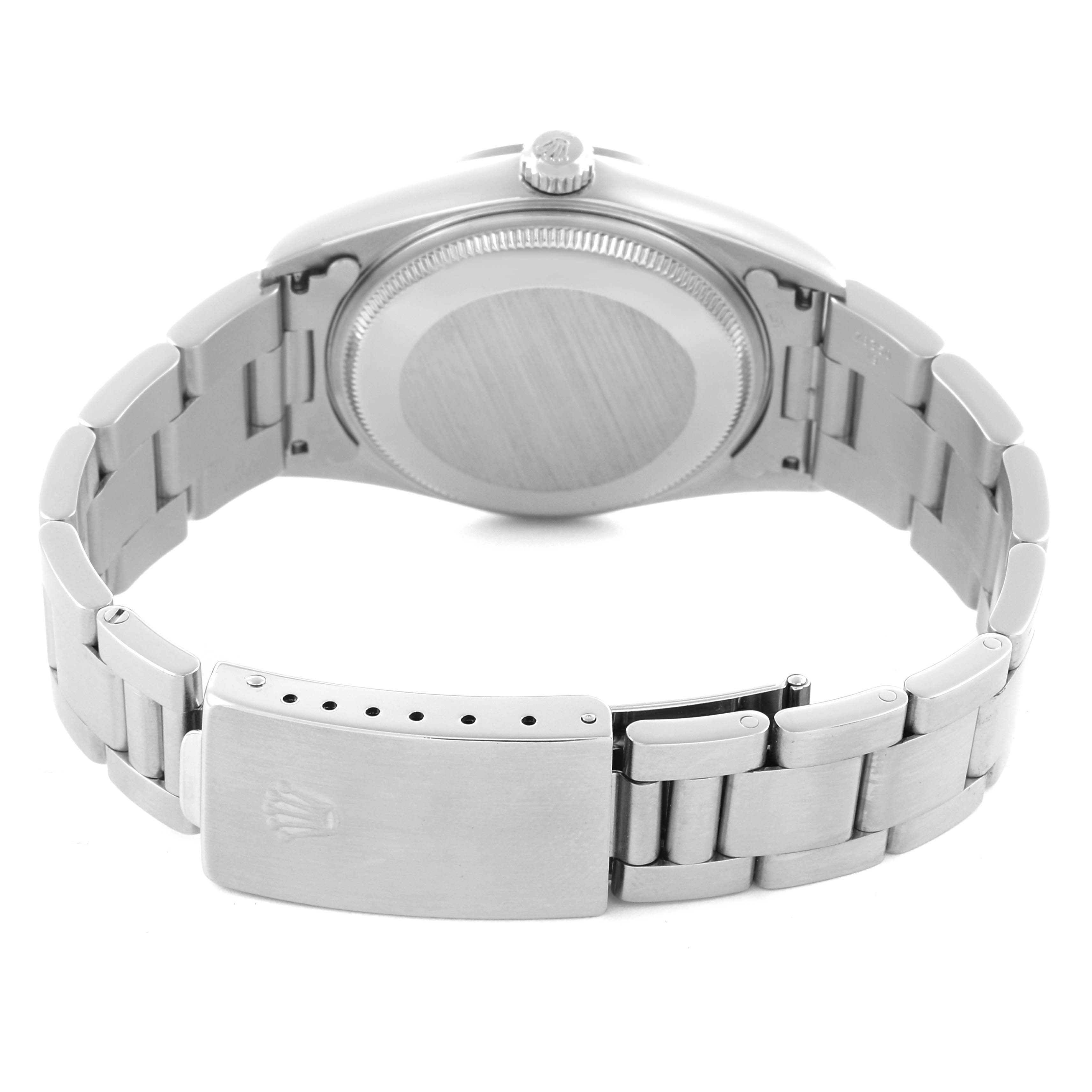 The image shows the back of the Rolex Air-King 14000M Men's Stainless Steel Black Dial 14000M Men's Stainless Steel Black Dial watch, including the case back and bracelet with the clasp open.