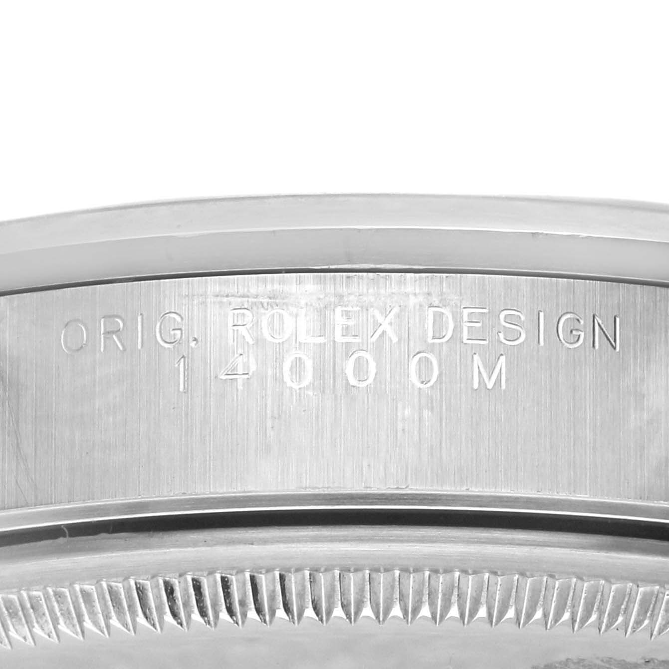 The image shows a side angle of the Rolex Air-King 14000M Men's Stainless Steel Black Dial 14000M Men's Stainless Steel Black Dial model, highlighting the engraved case design and model number.