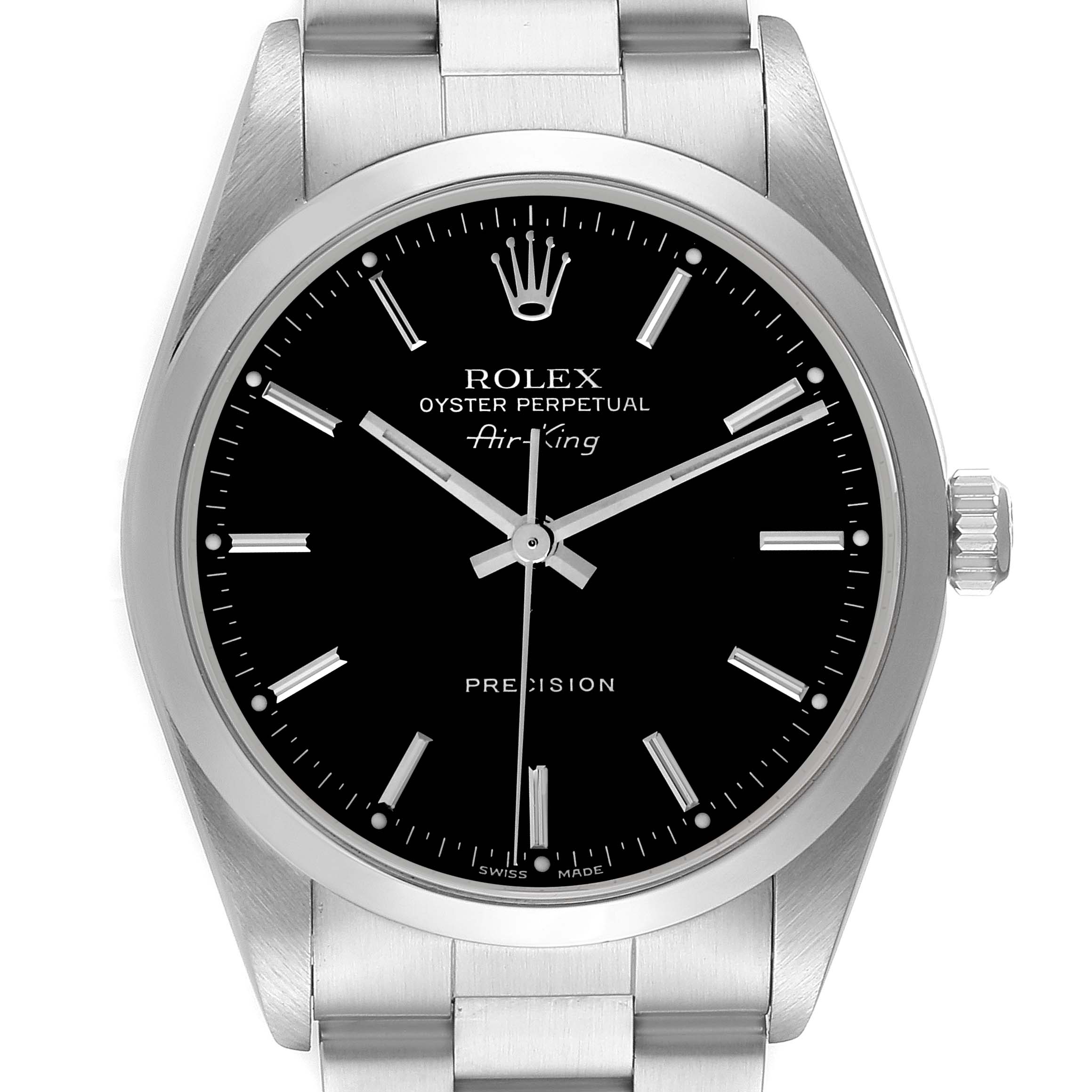The image shows a frontal view of the Rolex Air-King 14000M Men's Stainless Steel Black Dial 14000M Men's Stainless Steel Black Dial watch, displaying the face, bezel, crown, and part of the bracelet.