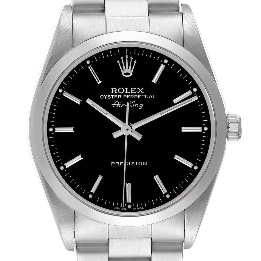 The image shows a frontal view of the Rolex Air-King watch, displaying the face, bezel, crown, and part of the bracelet.