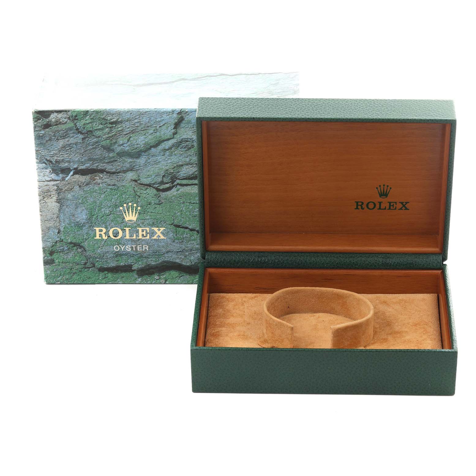 The image shows a Rolex Air-King 14000M Men's Stainless Steel Black Dial 14000M Men's Stainless Steel Black Dial watch box open, displaying the interior and covering box with branding.