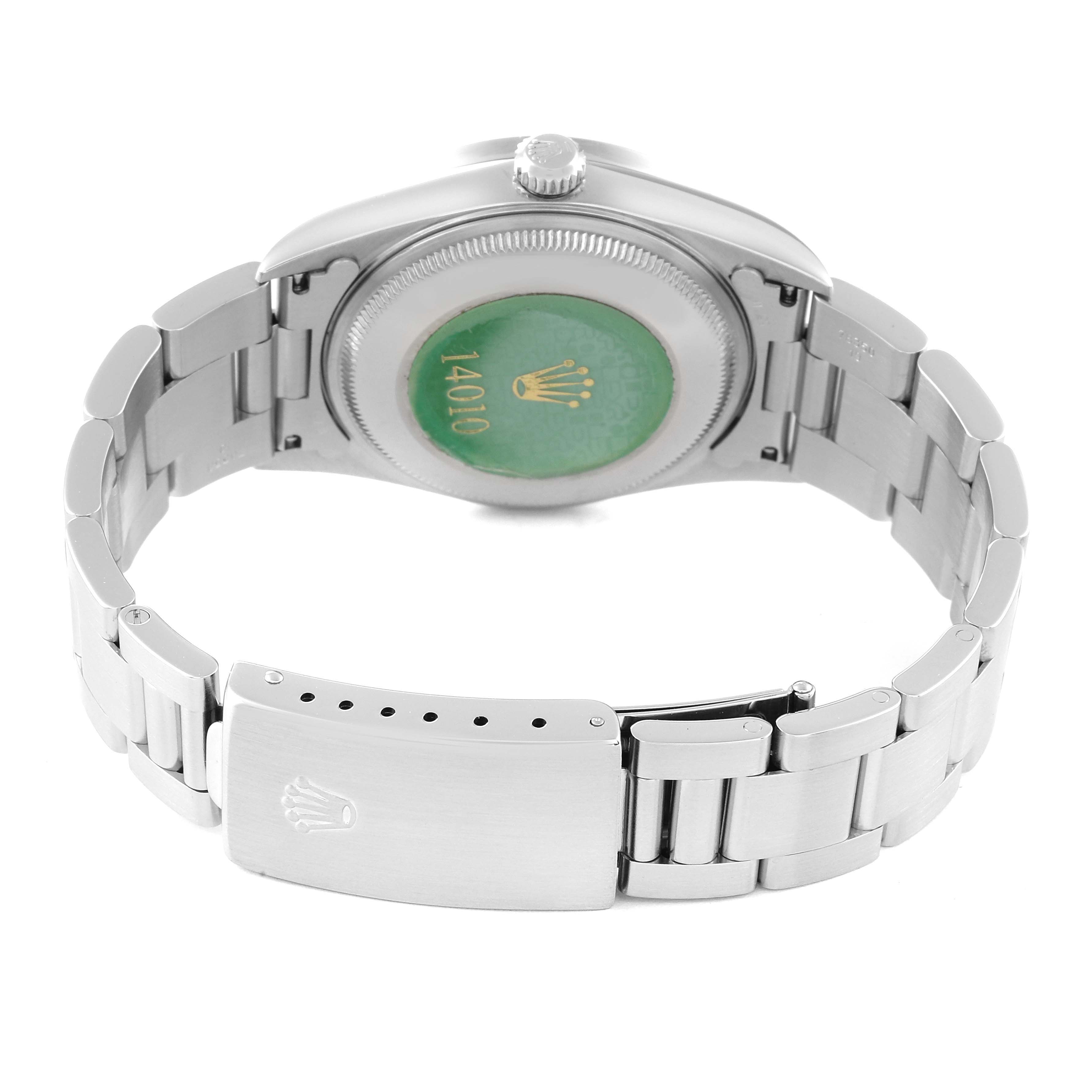 This image shows the case back and bracelet clasp of a Rolex Air-King 14010 Men's Stainless Steel Blue Dial 14010 Men's Stainless Steel Blue Dial watch, viewed from the rear.