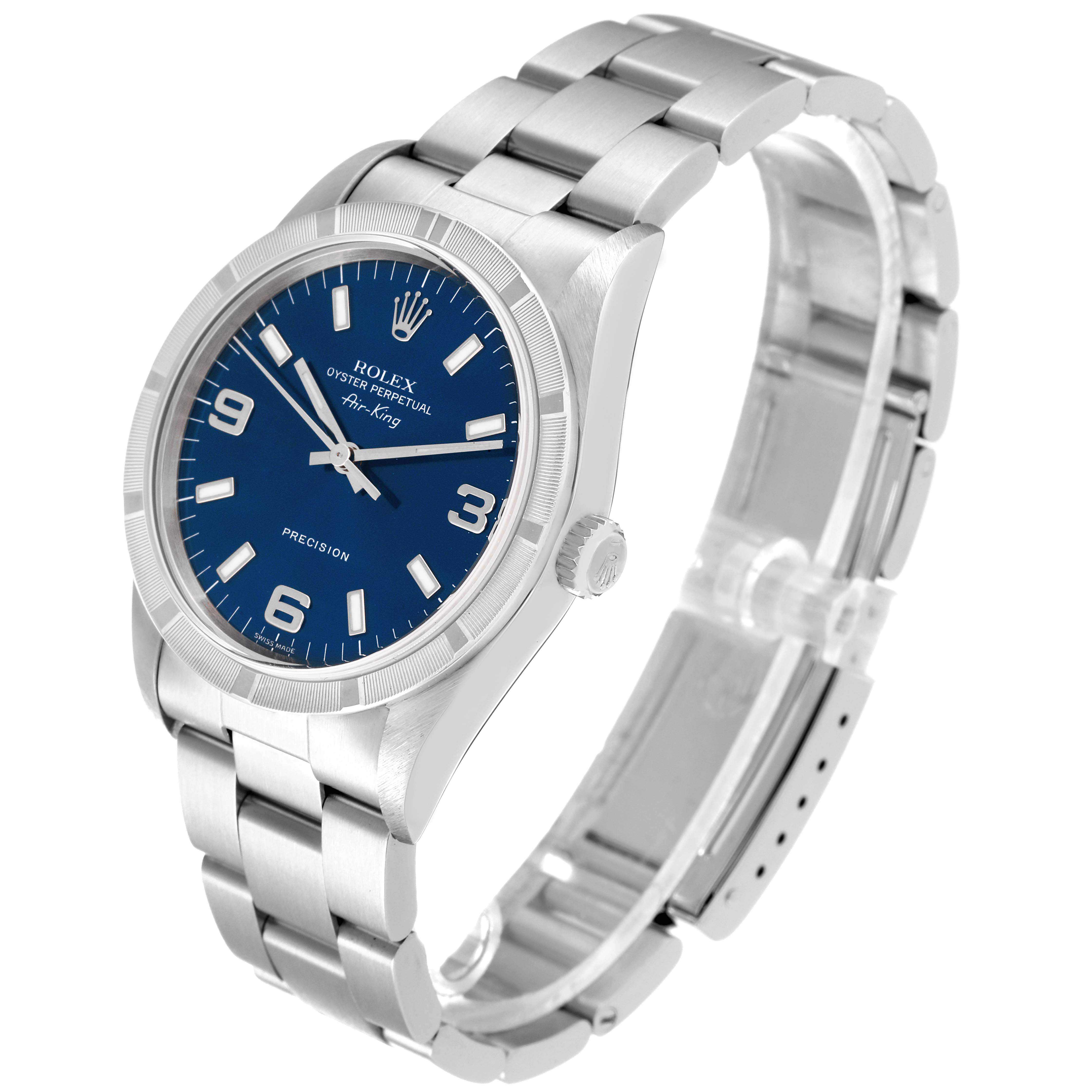 The image shows a Rolex Air-King 14010 Men's Stainless Steel Blue Dial 14010 Men's Stainless Steel Blue Dial watch at a three-quarter angle, highlighting the face, bezel, crown, and bracelet.