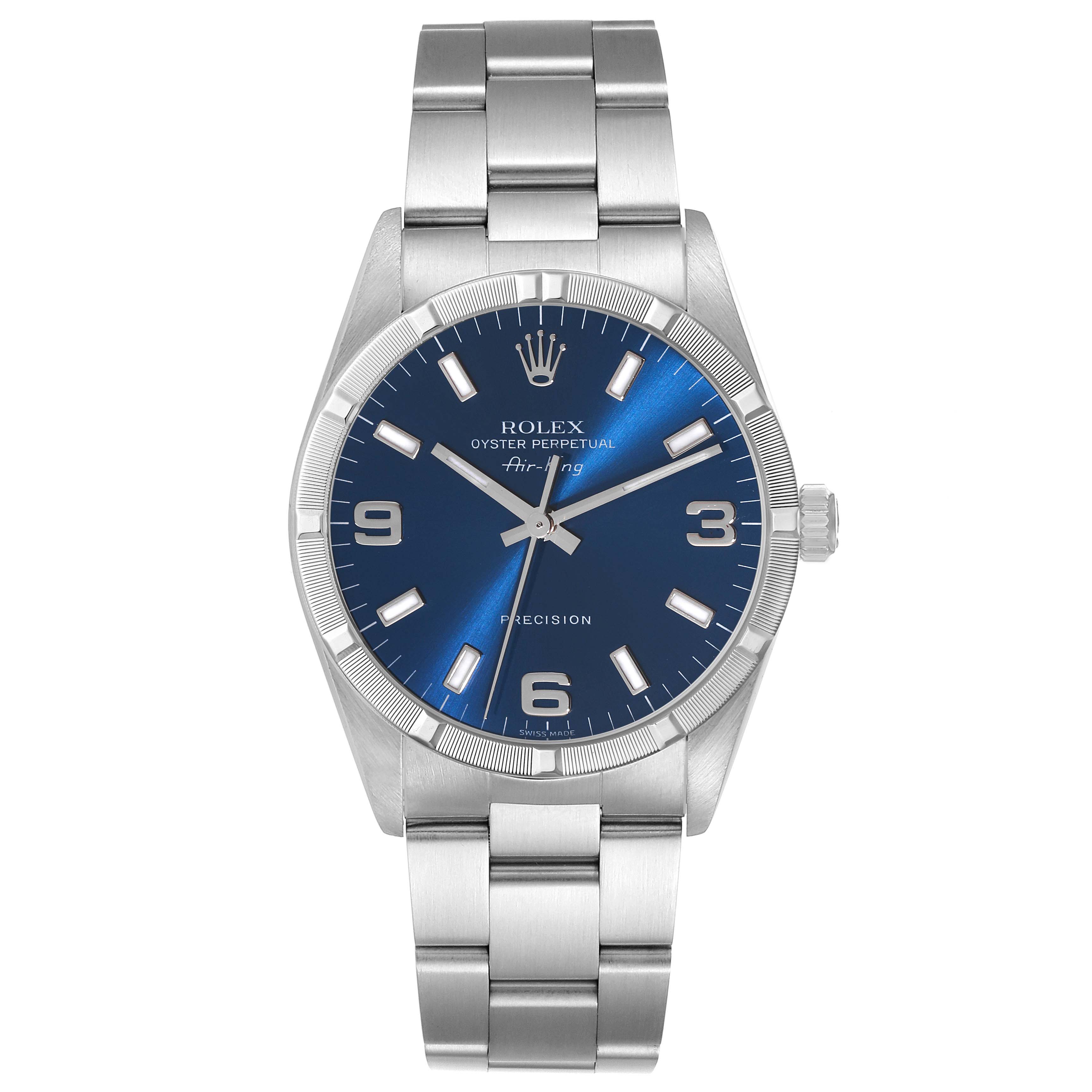The image shows a front view of a Rolex Air-King 14010 Men's Stainless Steel Blue Dial 14010 Men's Stainless Steel Blue Dial watch displaying its blue dial, hour markers, hands, and stainless steel bracelet.