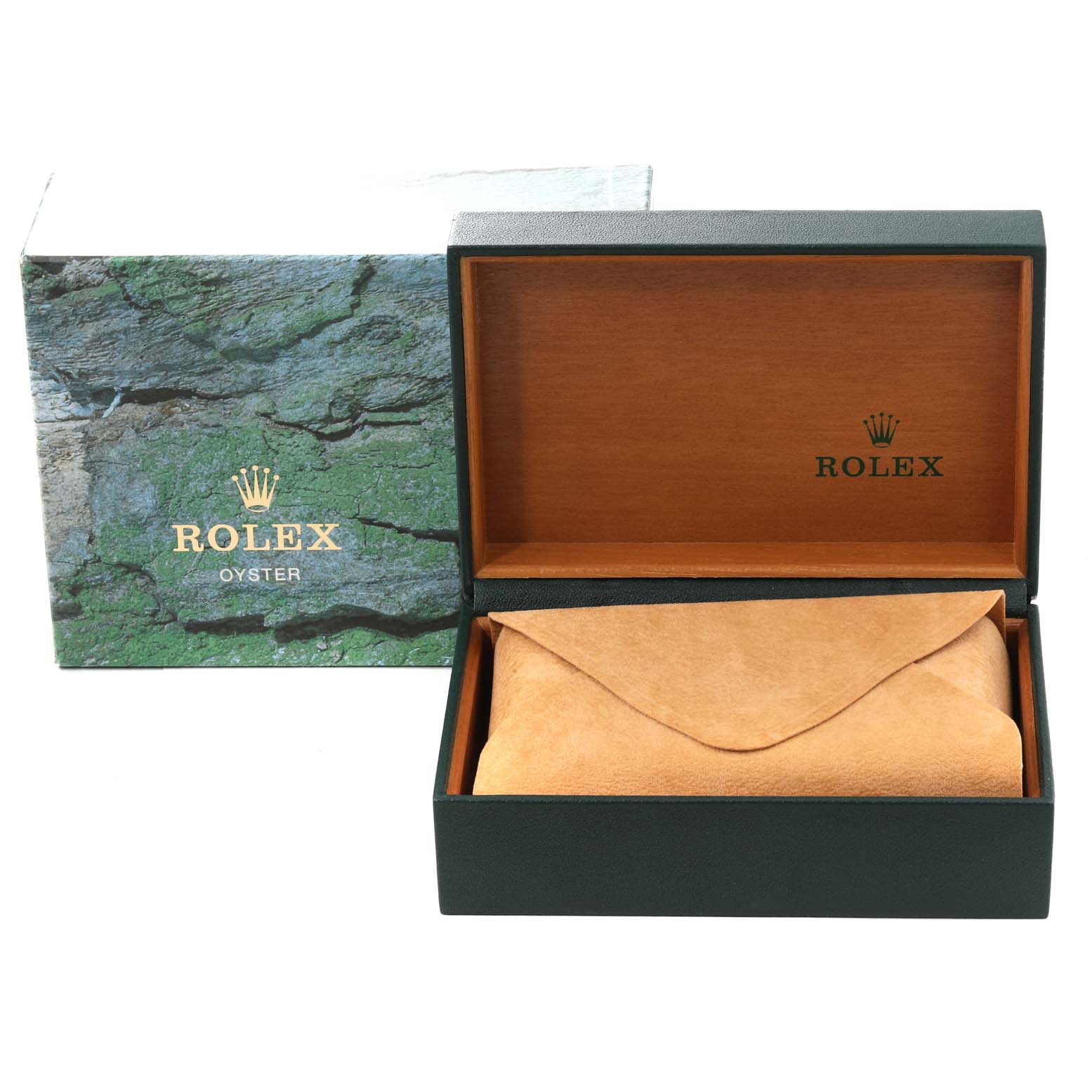 The image shows the outer box and inner presentation box of a Rolex Air-King 14010 Men's Stainless Steel Blue Dial 14010 Men's Stainless Steel Blue Dial watch, with the inner box open revealing a suede pouch.