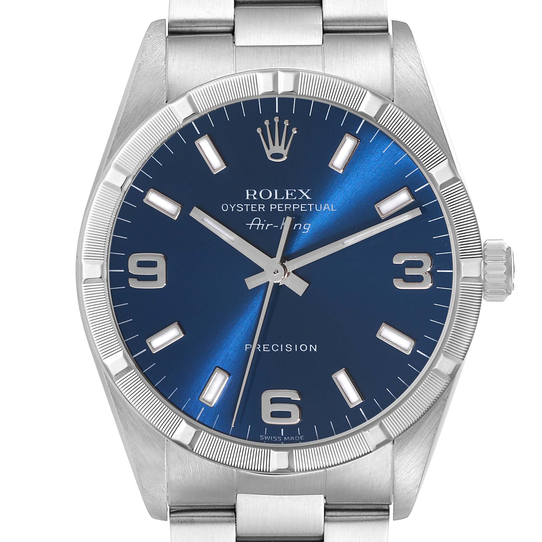 This image shows a Rolex Air-King 14010 Men's Stainless Steel Blue Dial 14010 Men's Stainless Steel Blue Dial watch from a front angle, highlighting the face, bezel, and part of the bracelet.