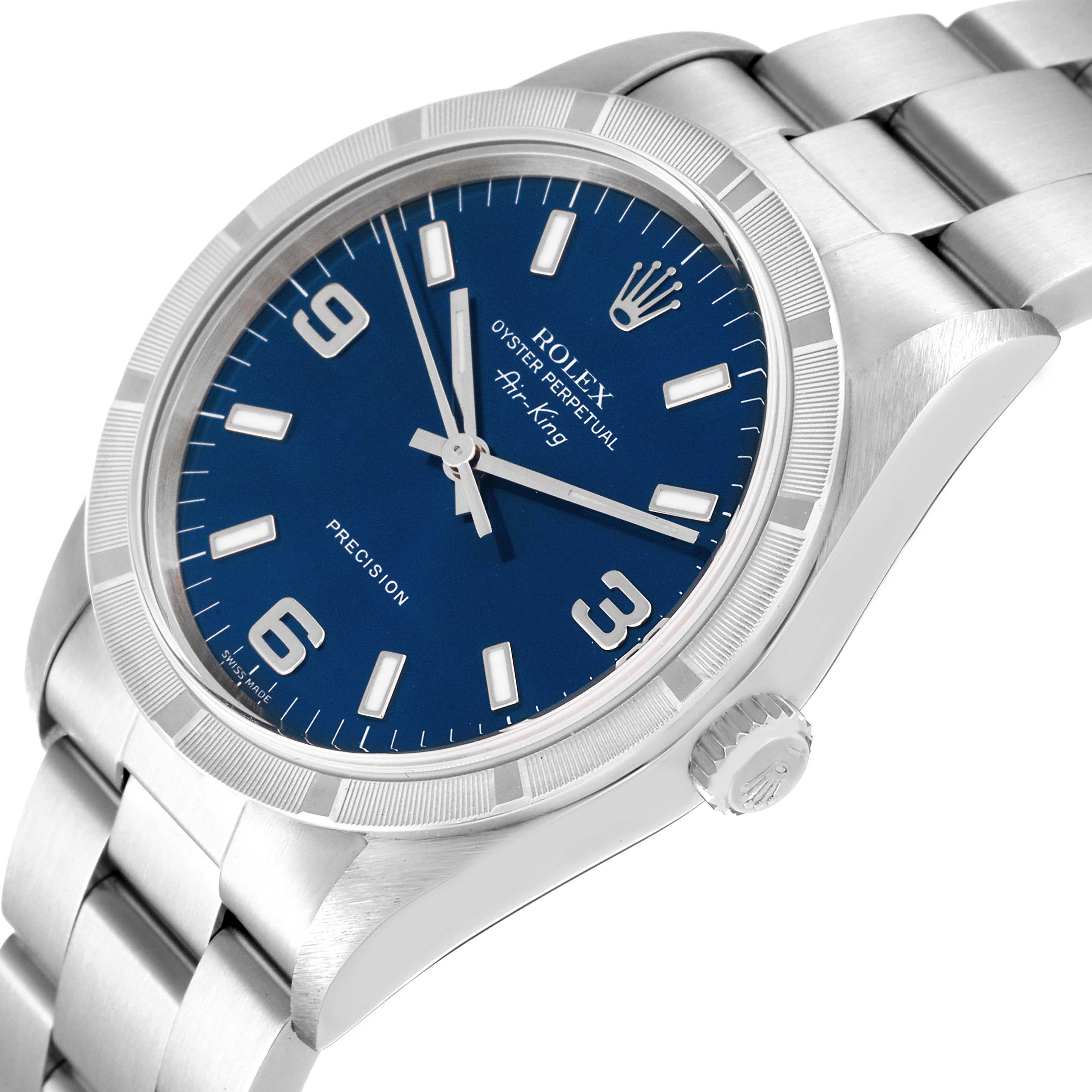 The image shows a close-up, angled view of the Rolex Air-King 14010 Men's Stainless Steel Blue Dial 14010 Men's Stainless Steel Blue Dial watch, highlighting the dial, case, crown, and part of the bracelet.