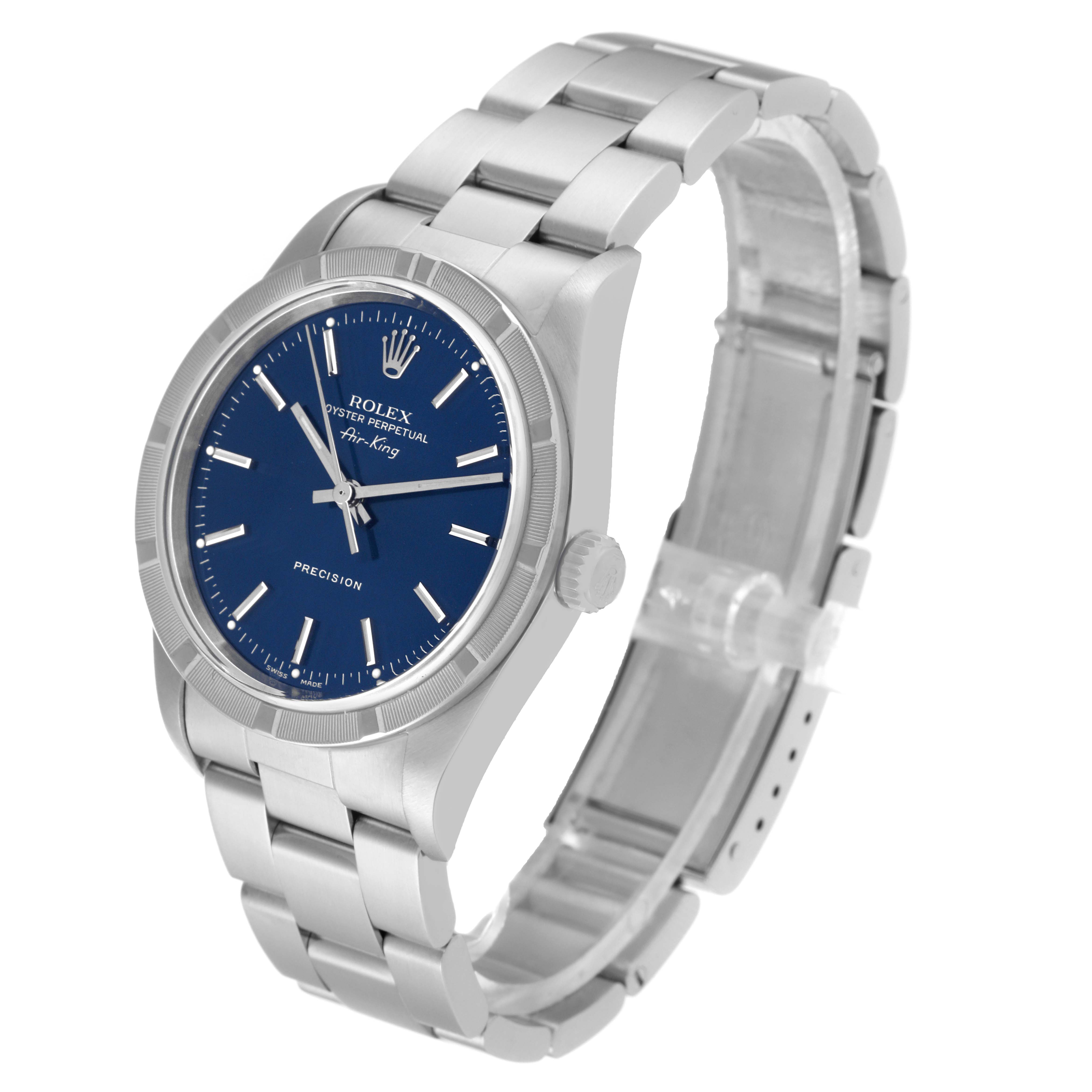The image shows a Rolex Air-King 14010M Men's Stainless Steel Blue Dial 14010M Men's Stainless Steel Blue Dial watch at a three-quarter angle, displaying its face, bezel, crown, and bracelet.