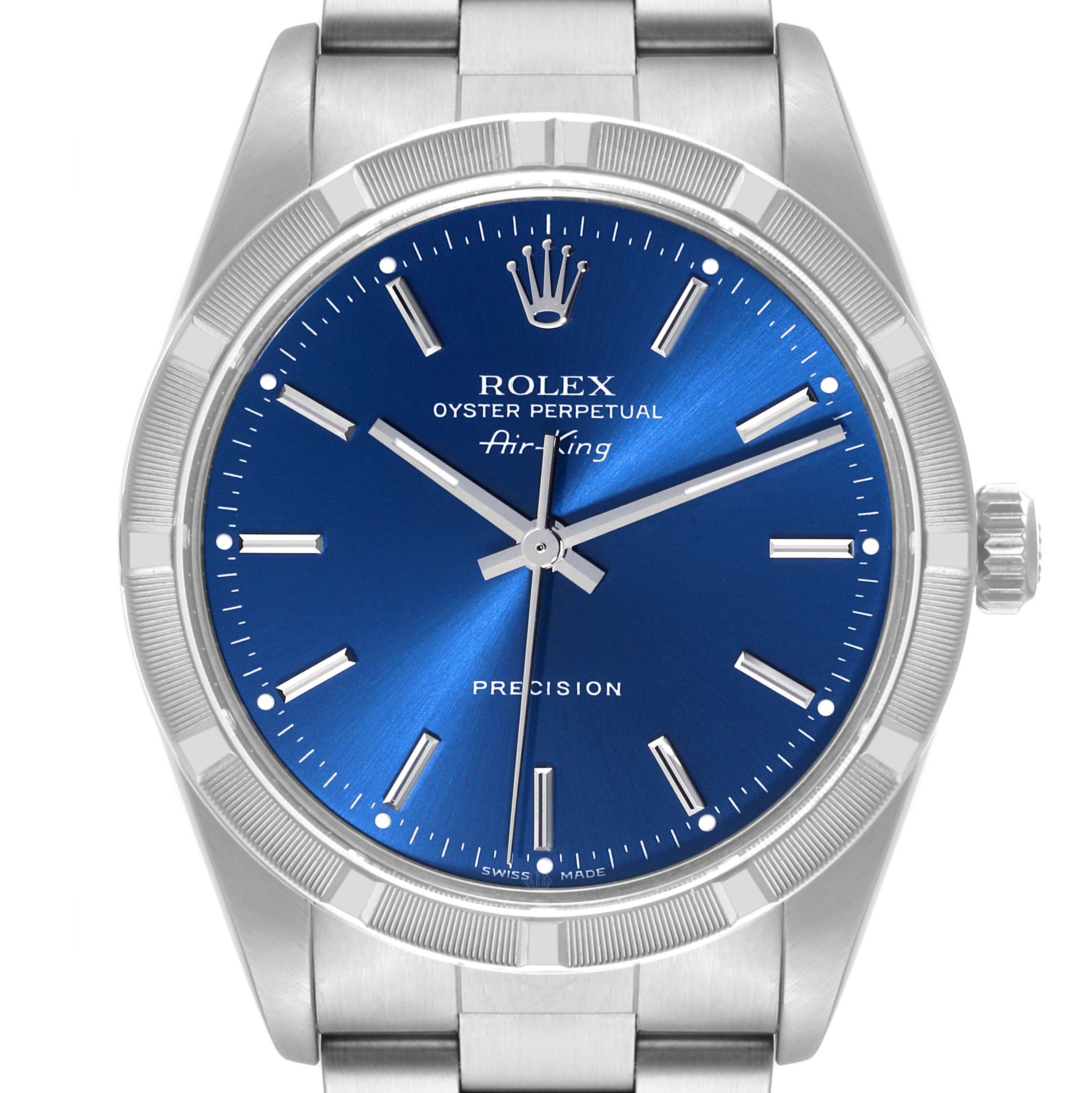 The image shows a frontal view of a Rolex Air-King 14010M Men's Stainless Steel Blue Dial 14010M Men's Stainless Steel Blue Dial watch, highlighting its blue dial and stainless steel bracelet.