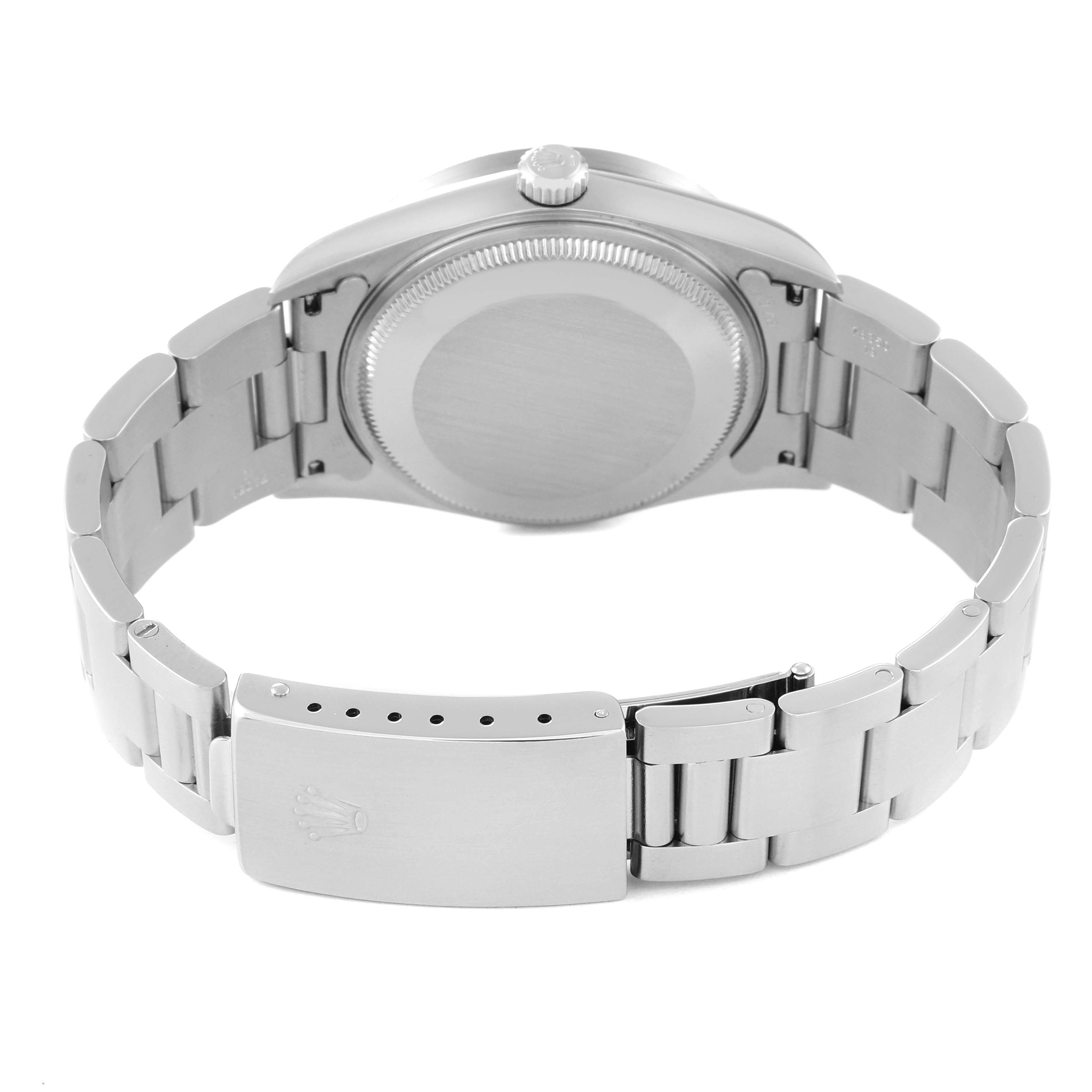 The image shows the back view of a Rolex Air-King 14010M Men's Stainless Steel Blue Dial 14010M Men's Stainless Steel Blue Dial watch, highlighting its clasp and stainless steel bracelet.