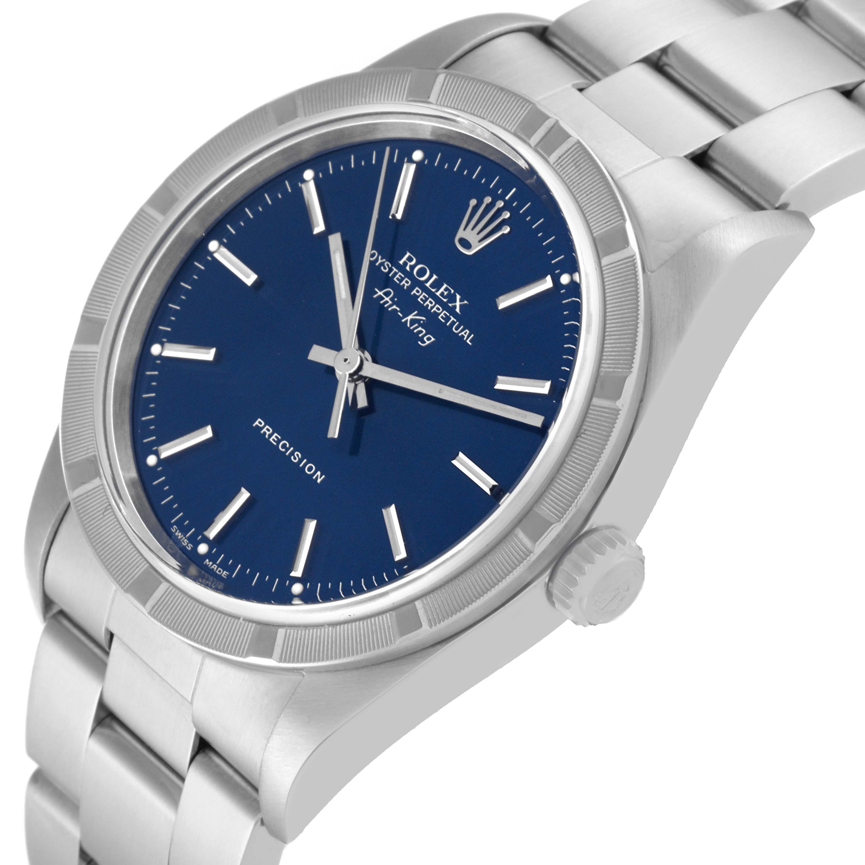 The image shows a Rolex Air-King 14010M Men's Stainless Steel Blue Dial 14010M Men's Stainless Steel Blue Dial watch at a slight angle, highlighting the blue dial, bezel, bracelet, and crown.