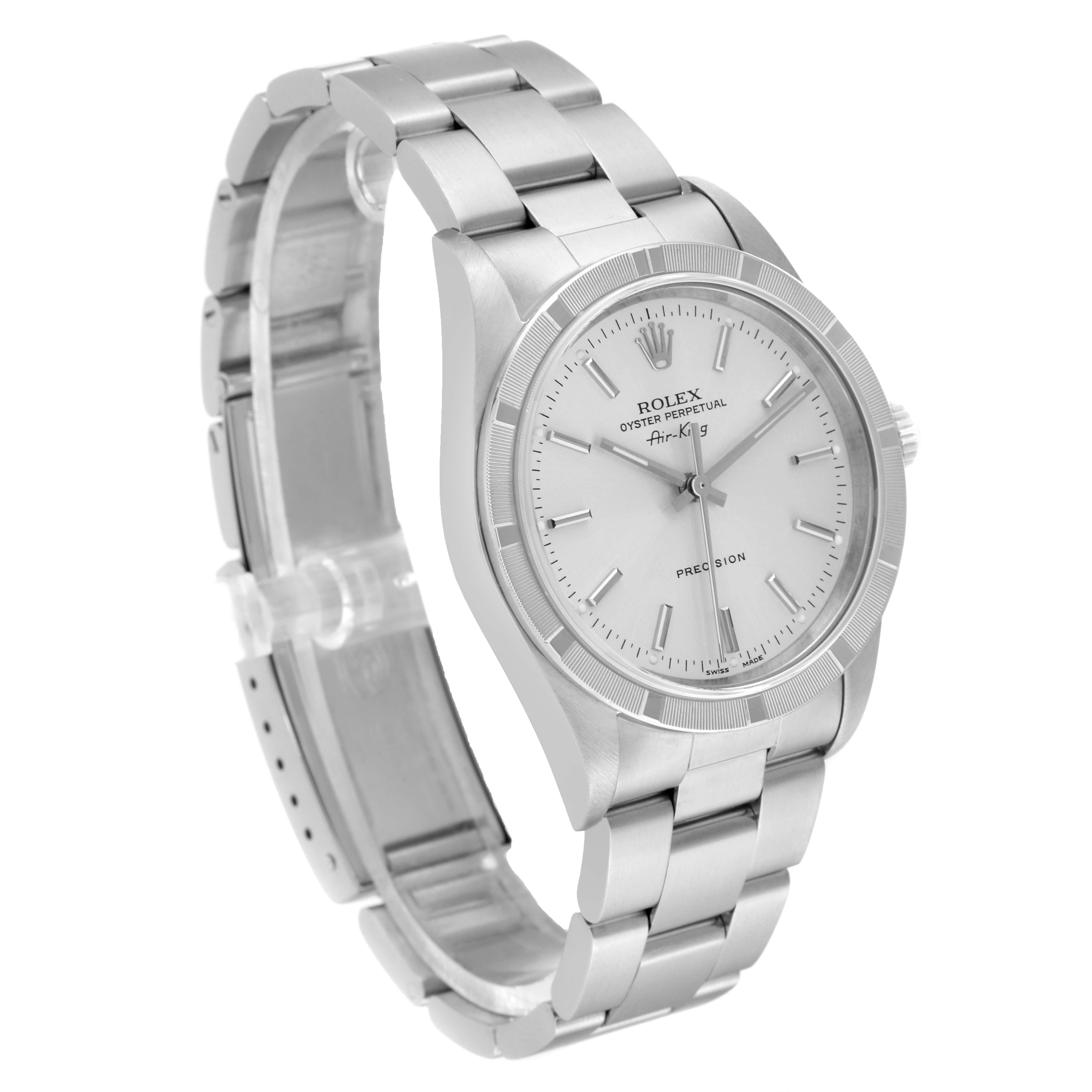 The image shows a Rolex Air-King 14010M Men's Stainless Steel Silver Dial 14010M Men's Stainless Steel Silver Dial watch at a three-quarter angle, highlighting the dial, bracelet, and case.