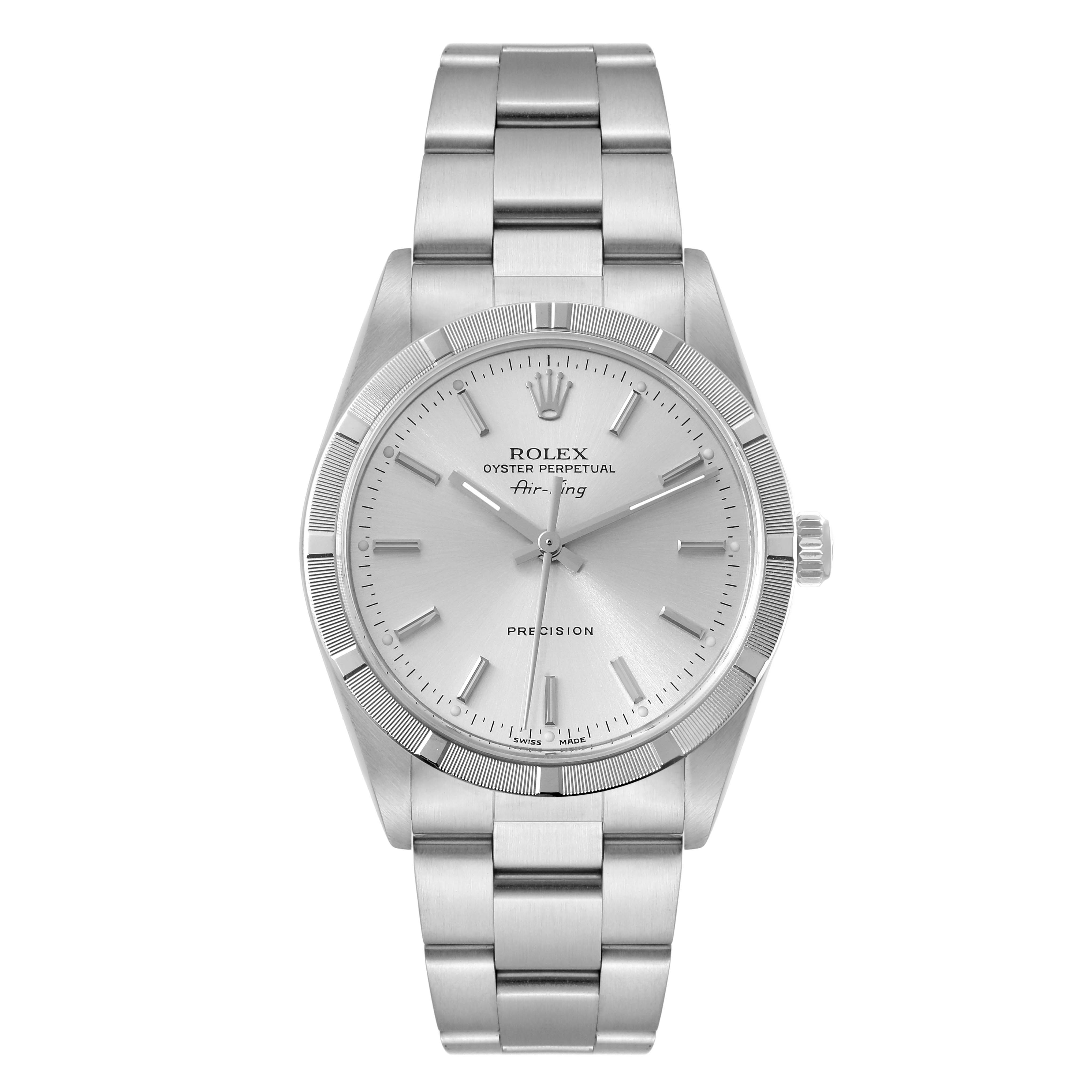 The image shows a front view of a Rolex Air-King 14010M Men's Stainless Steel Silver Dial 14010M Men's Stainless Steel Silver Dial watch, highlighting its face, bezel, crown, and metal bracelet.