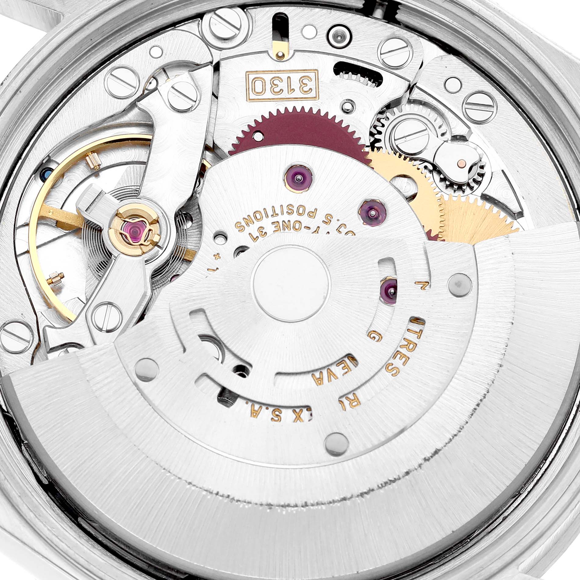 The image shows a close-up of the movement mechanism inside the Rolex Air-King 14010M Men's Stainless Steel Silver Dial 14010M Men's Stainless Steel Silver Dial watch model.