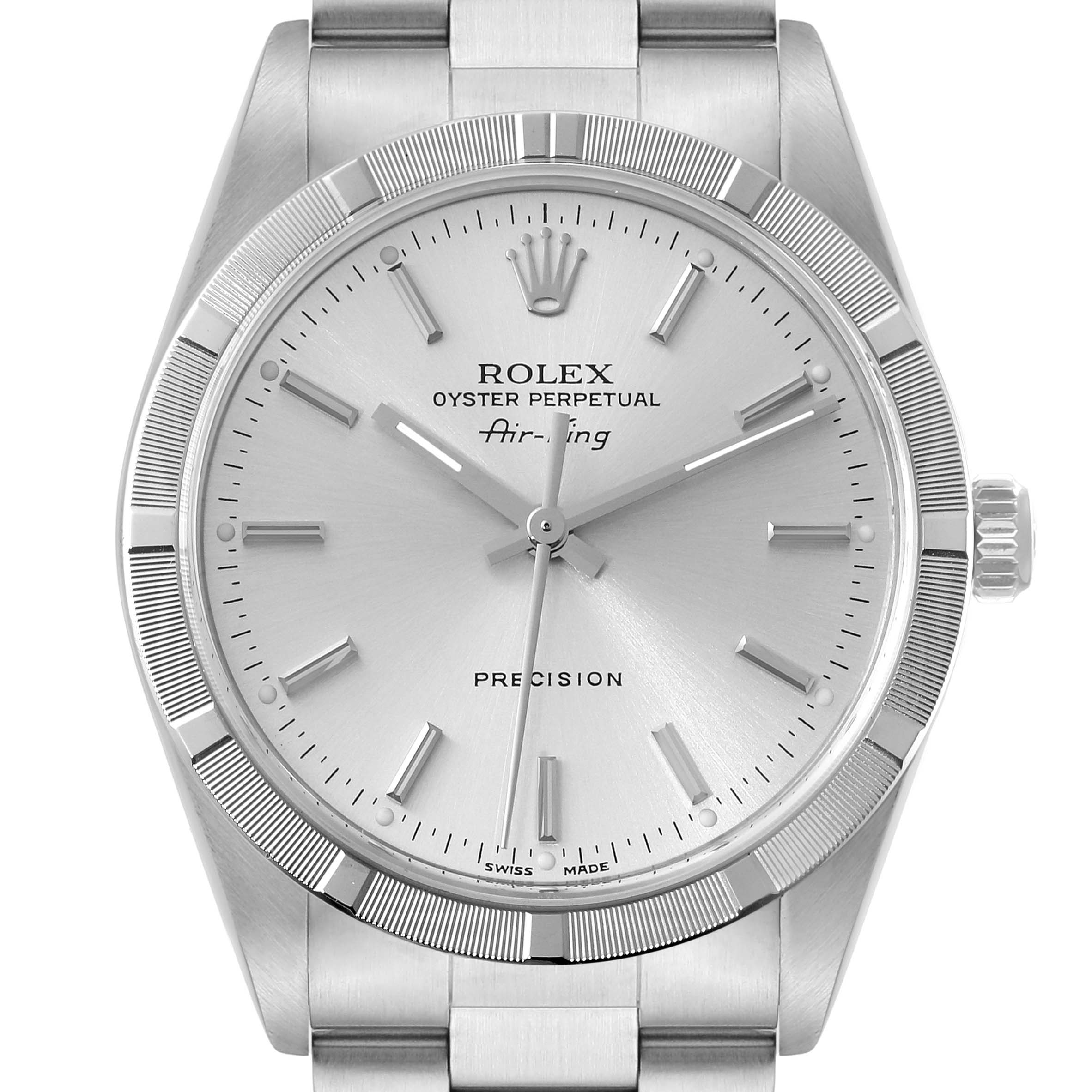 The image shows a front view of the Rolex Air-King 14010M Men's Stainless Steel Silver Dial 14010M Men's Stainless Steel Silver Dial watch, displaying its dial, bezel, crown, and part of the bracelet.