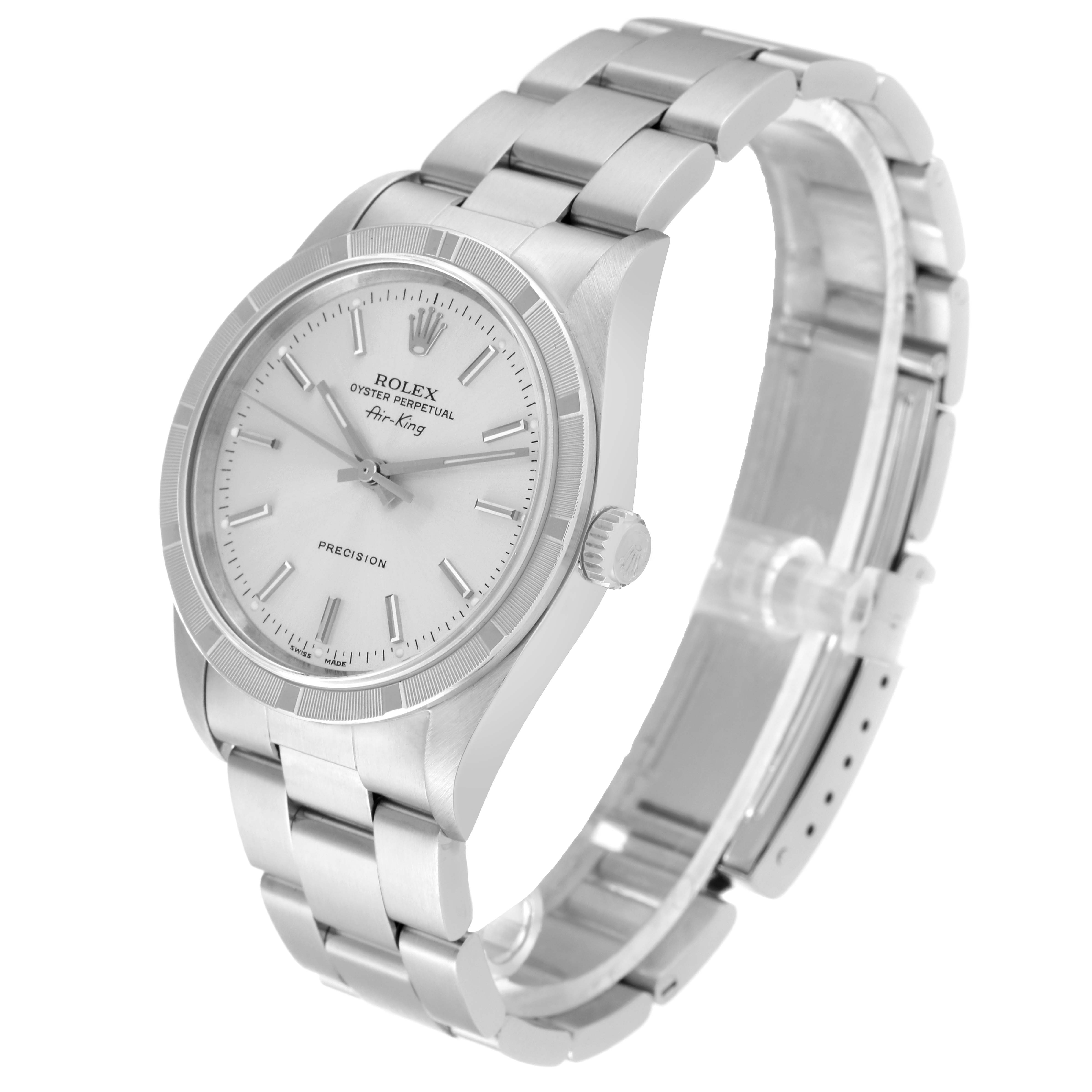 The image shows a Rolex Air-King 14010M Men's Stainless Steel Silver Dial 14010M Men's Stainless Steel Silver Dial watch at a three-quarter angle, displaying the face, bezel, crown, and part of the bracelet.