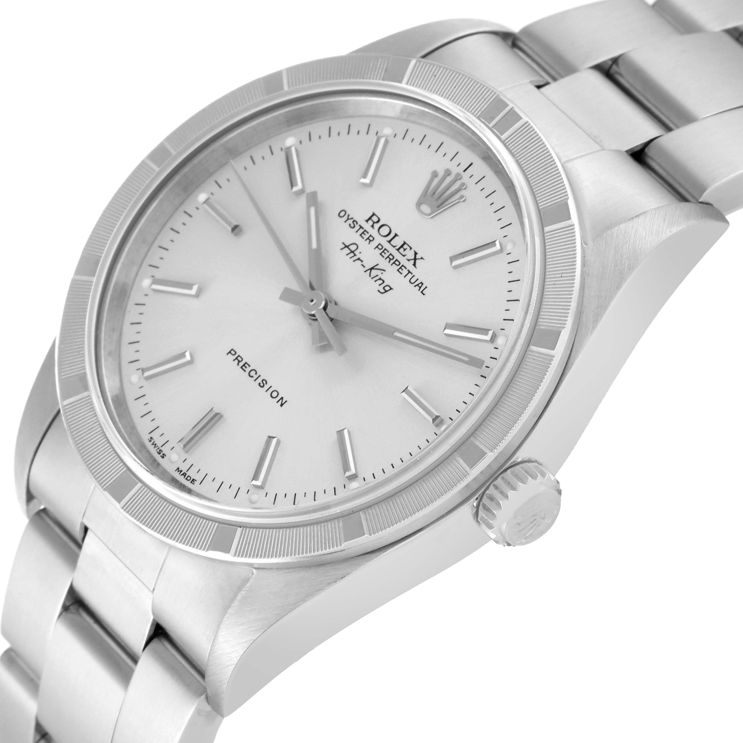 The image shows a close-up angle of the Rolex Air-King 14010M Men's Stainless Steel Silver Dial 14010M Men's Stainless Steel Silver Dial watch, highlighting its dial, bezel, and bracelet.