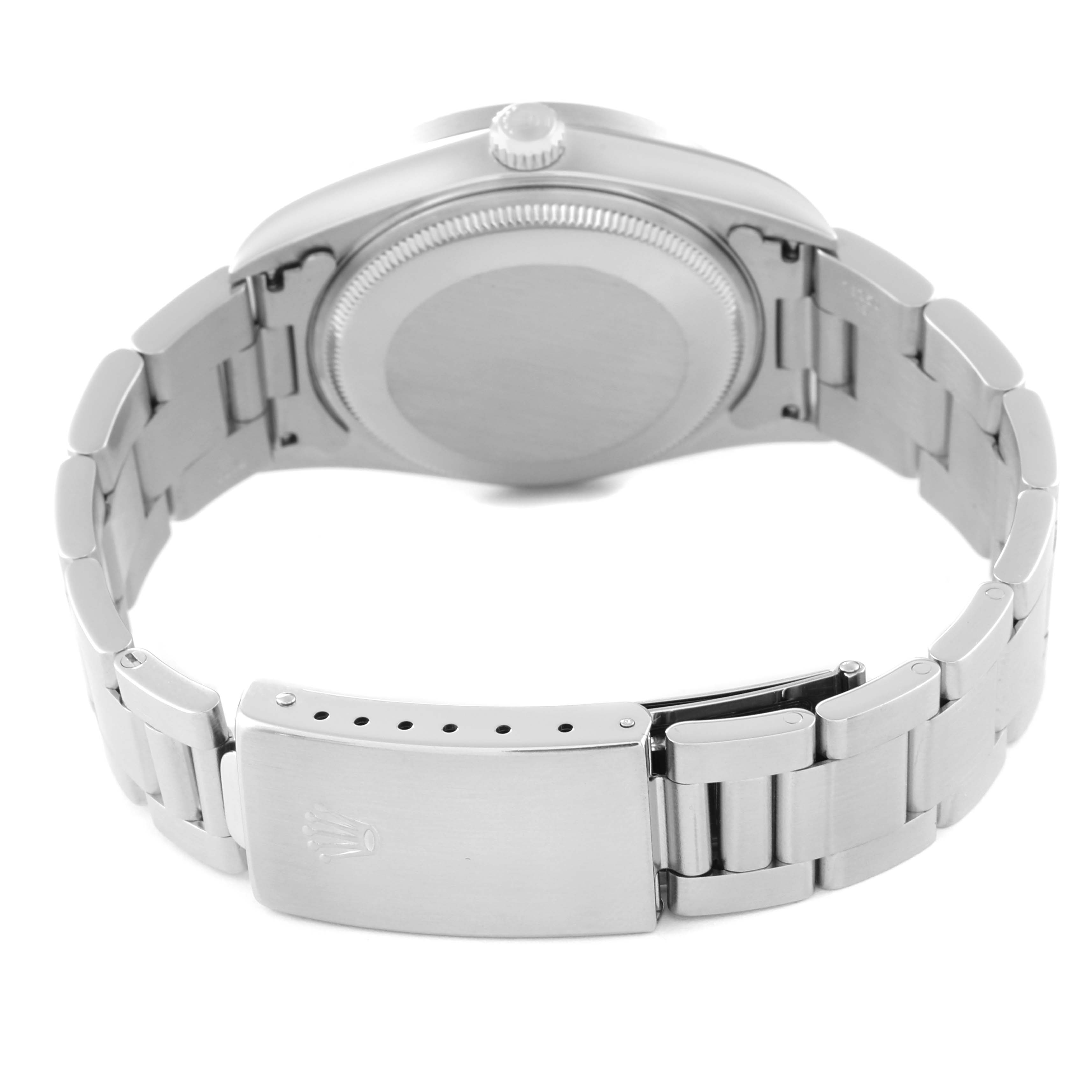 This image shows the back casing and bracelet of a Rolex Air-King 14010M Men's Stainless Steel Silver Dial 14010M Men's Stainless Steel Silver Dial watch, viewed from the rear.