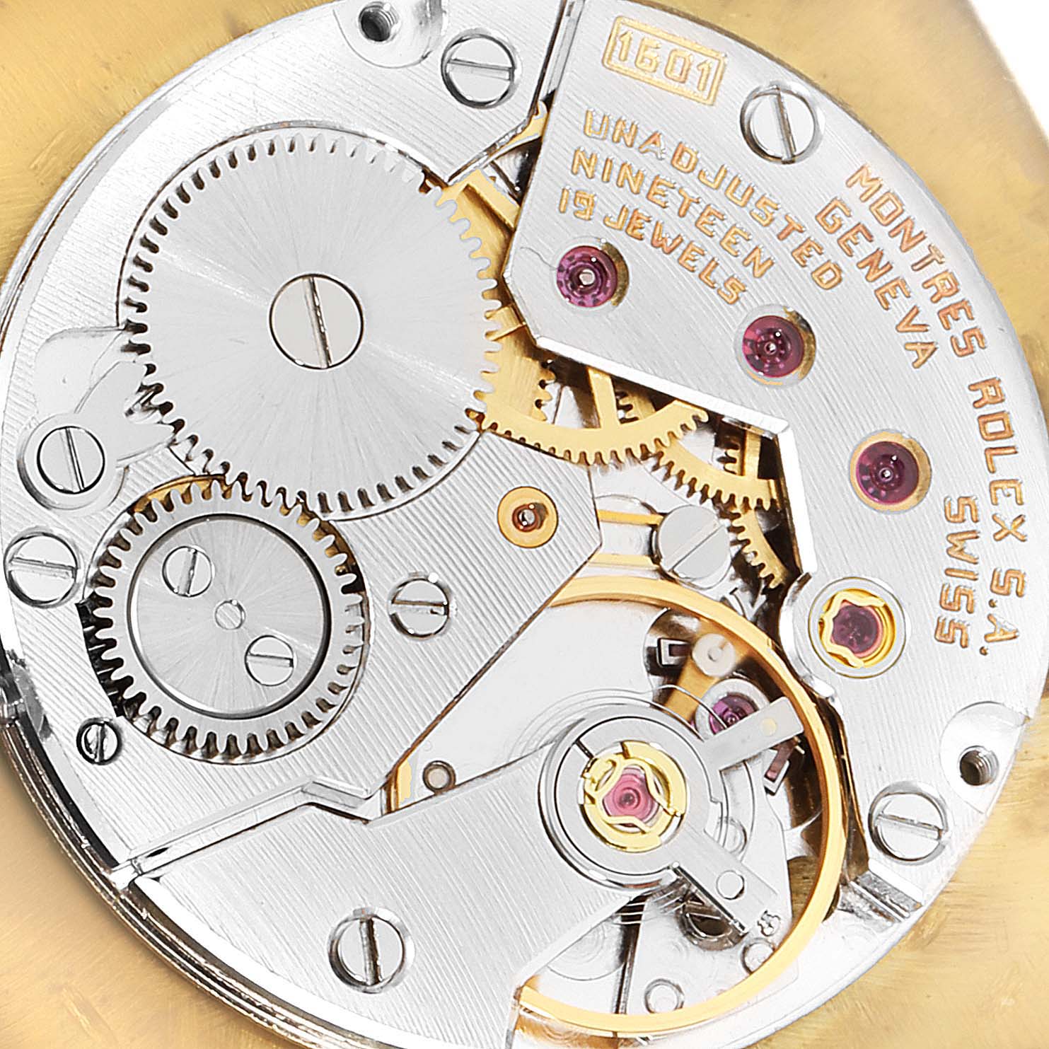 This close-up image shows the intricate inner mechanism of the Vintage Collection model by Rolex.
