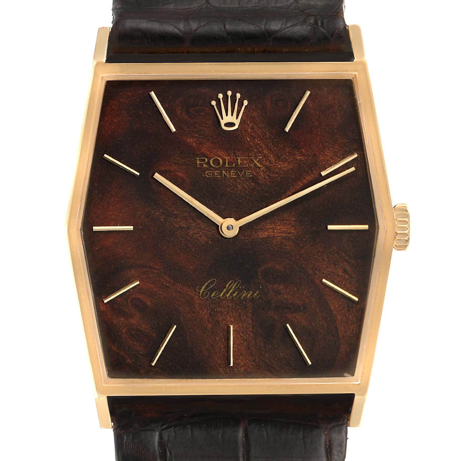 This image shows the front view of a Rolex Vintage Collection 4127 Men's Yellow Gold Brown Dial 4127 Men's Yellow Gold Brown Dial Cellini watch with a rectangular dial and leather strap.