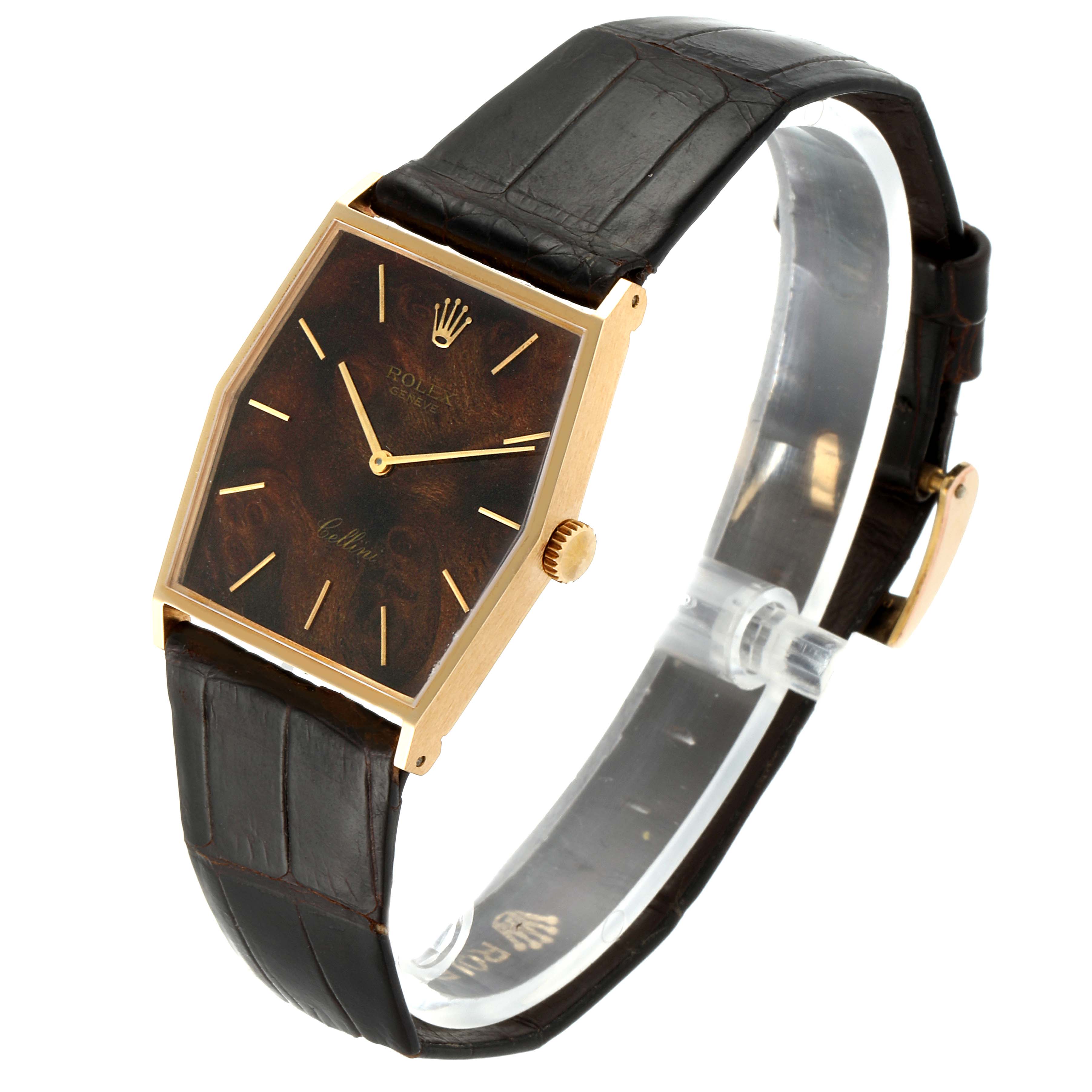 The Rolex Vintage Collection 4127 Men's Yellow Gold Brown Dial 4127 Men's Yellow Gold Brown Dial watch is shown at a slightly elevated angle, displaying the face, bezel, crown, and leather strap.