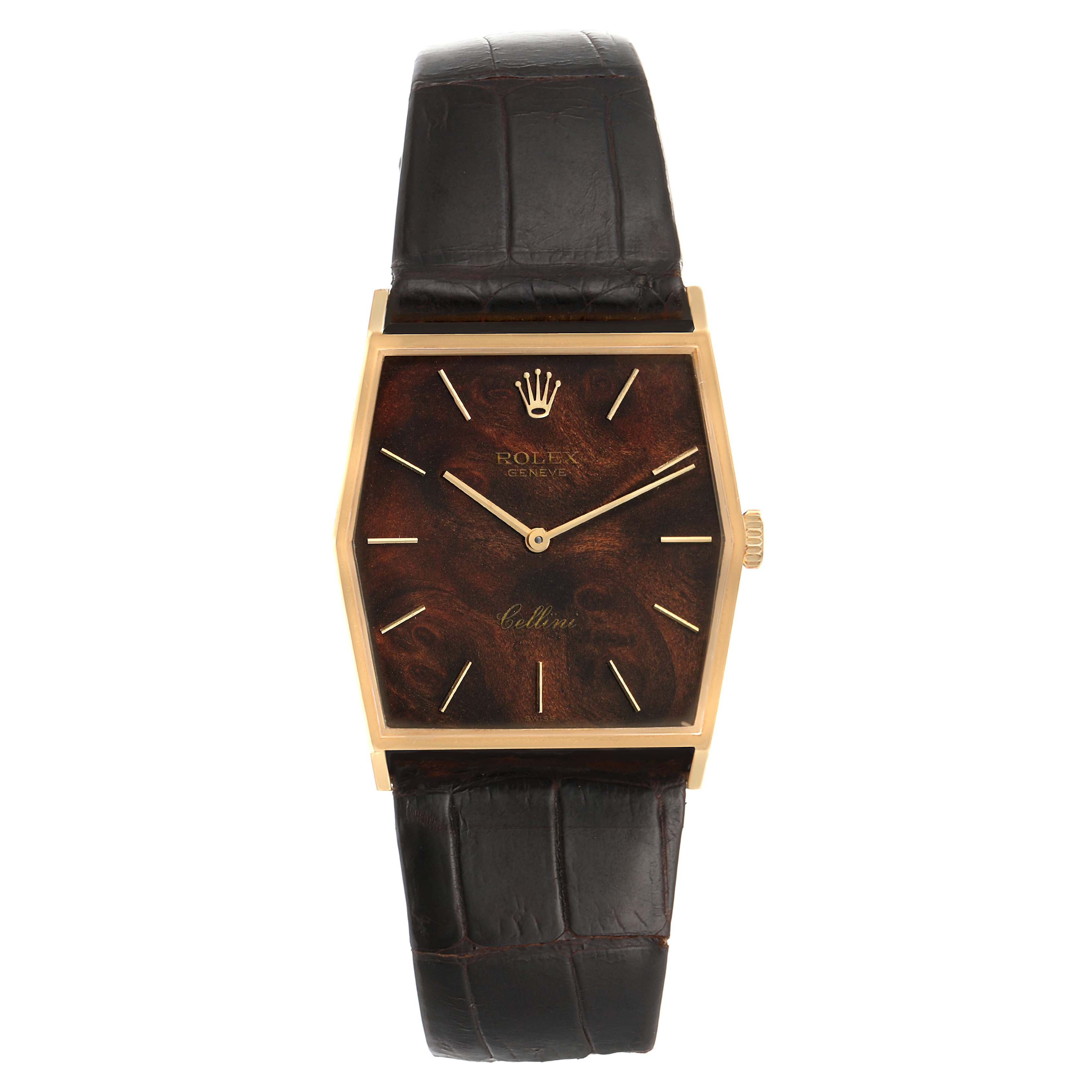The image shows a front view of the Rolex Vintage Collection 4127 Men's Yellow Gold Brown Dial 4127 Men's Yellow Gold Brown Dial model with a leather strap and a rectangular dial.